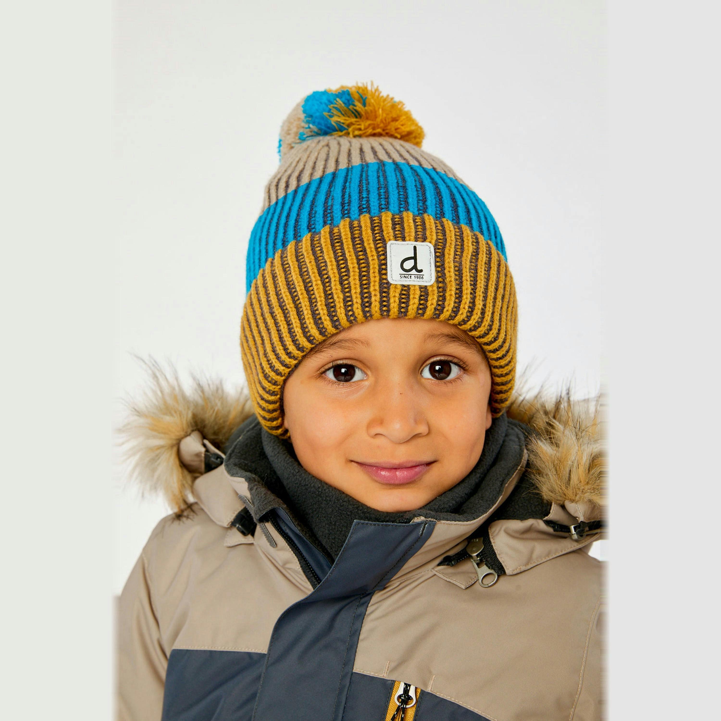 Winter Knit Hat With Pompom Blue And Yellow , view 2 of 3