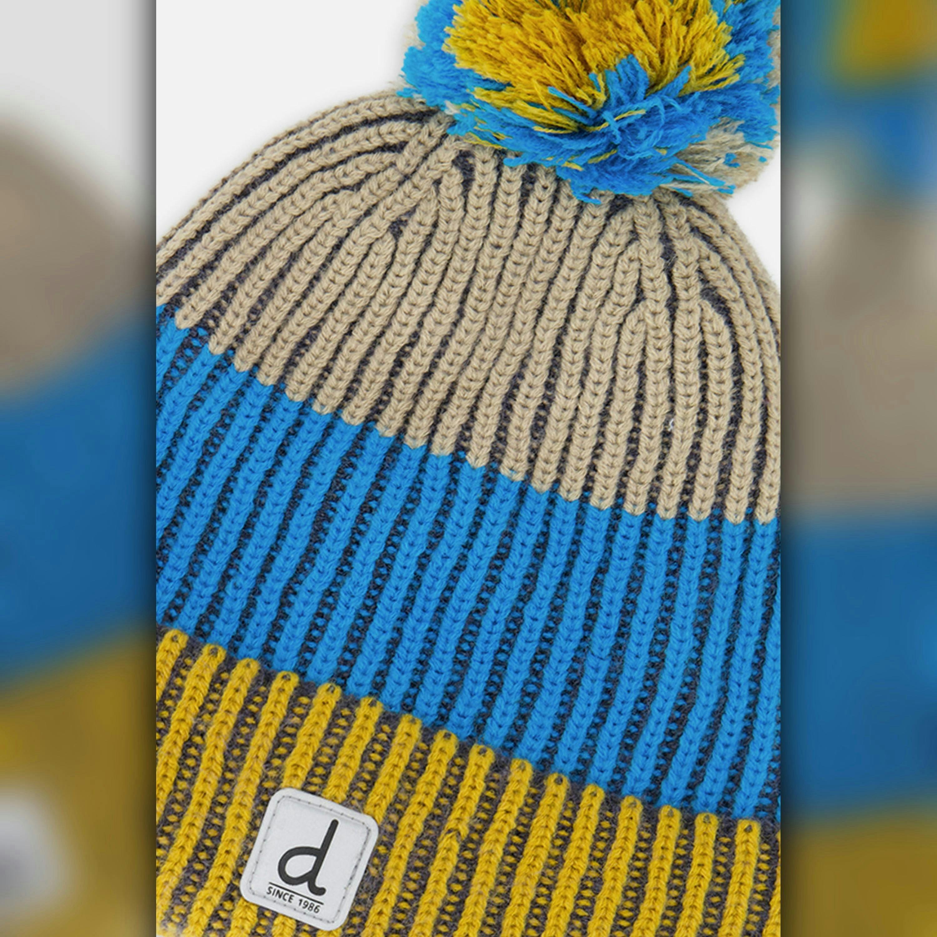 Winter Knit Hat With Pompom Blue And Yellow , view 3 of 3