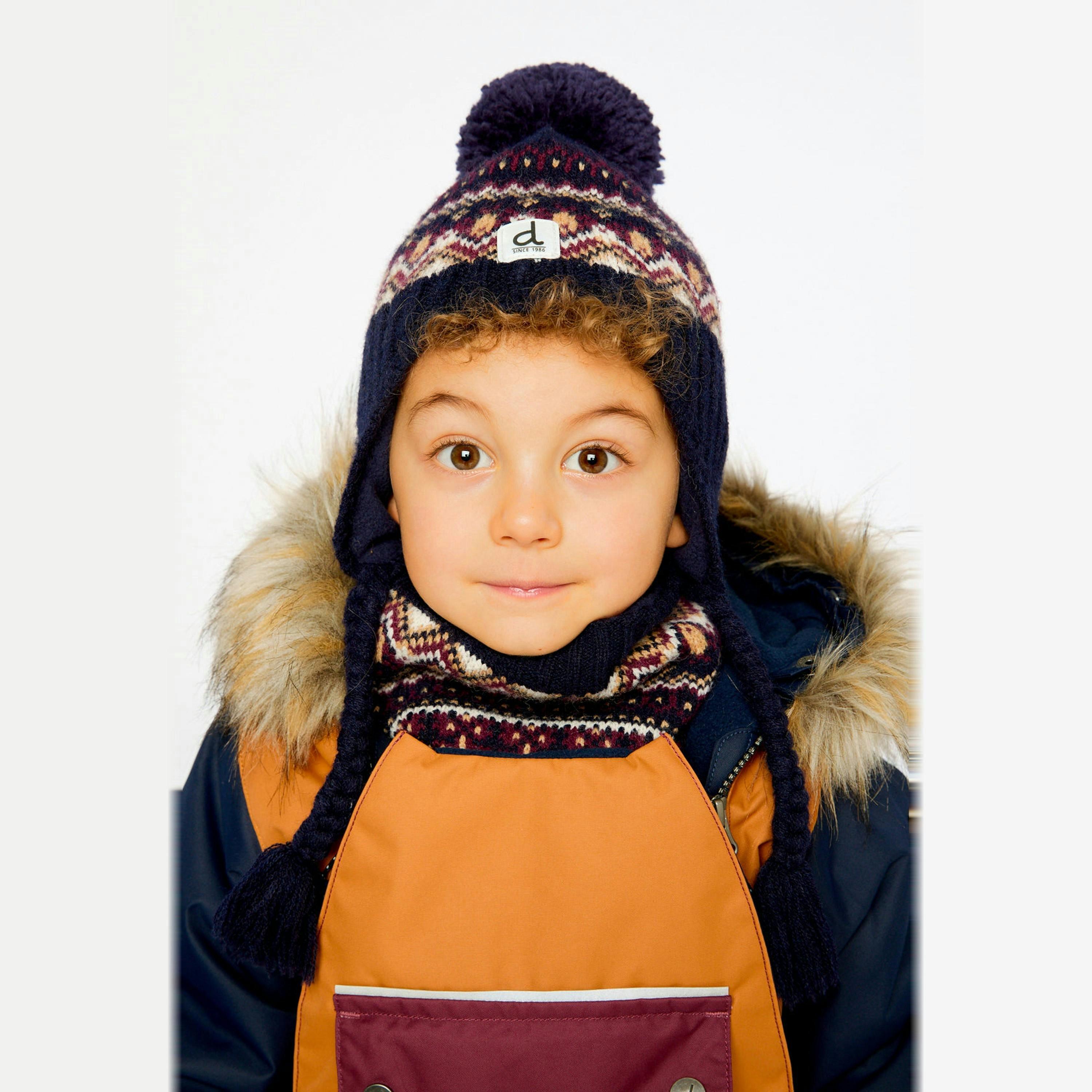 Winter Peruvian Knit Hat With Pompom Blue And Red Jacquard , view 2 of 3