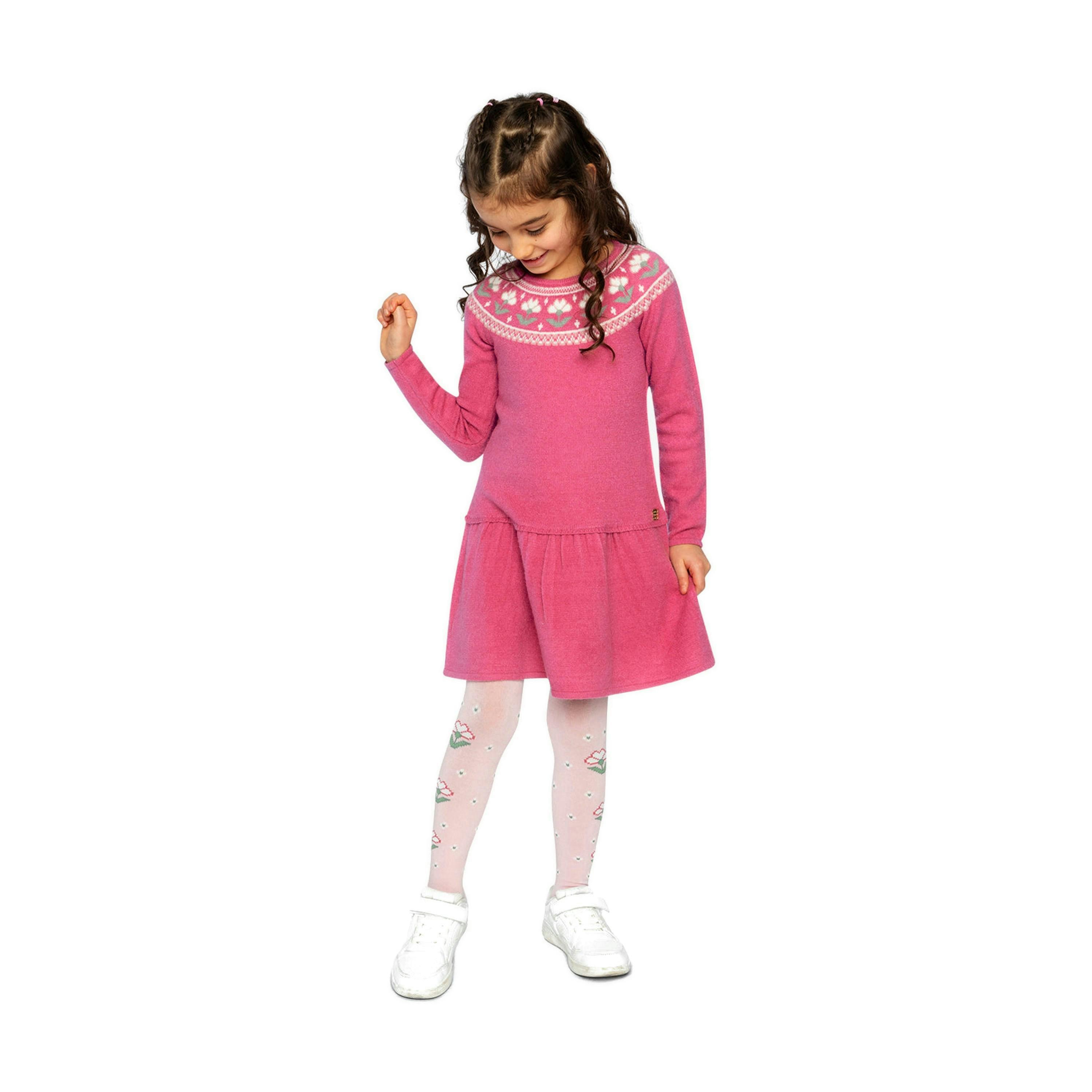 Knitted Dress With Flower Jacquard Raspberry Pink , view 3 of 6