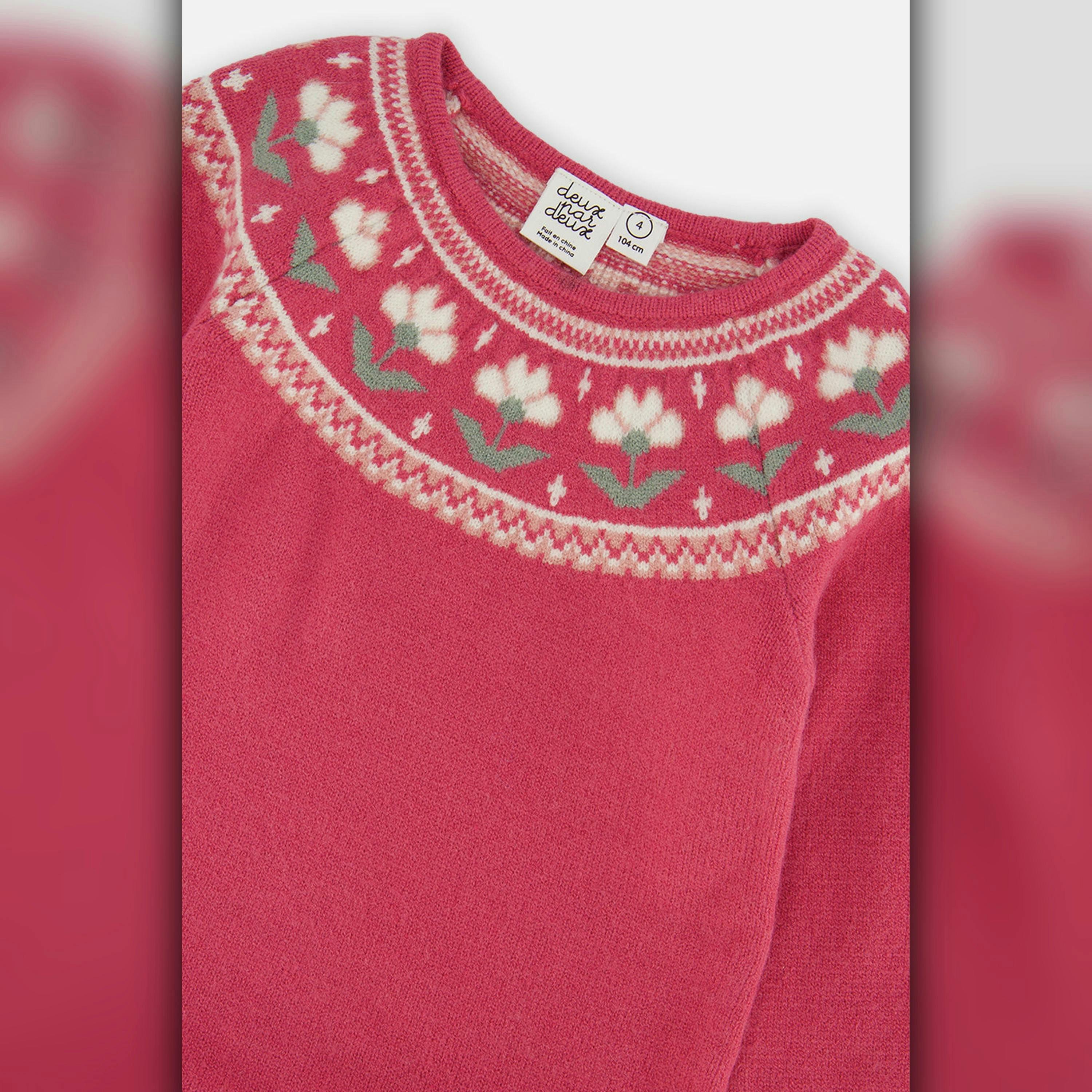 Knitted Dress With Flower Jacquard Raspberry Pink , view 5 of 6