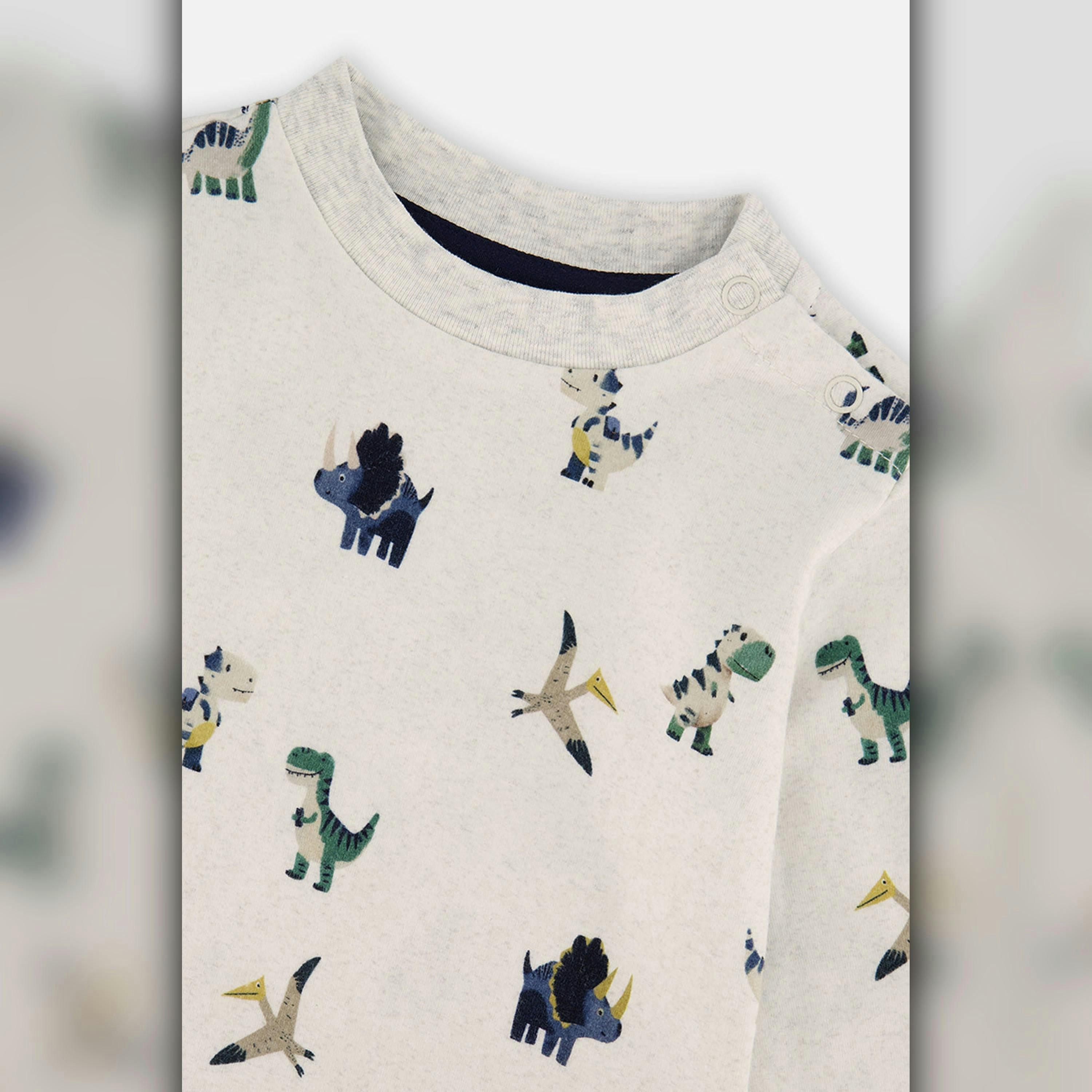 Baby Cotton T-Shirt & Fleece Pant Set Beige Dinosaur Print , view 2 of 3