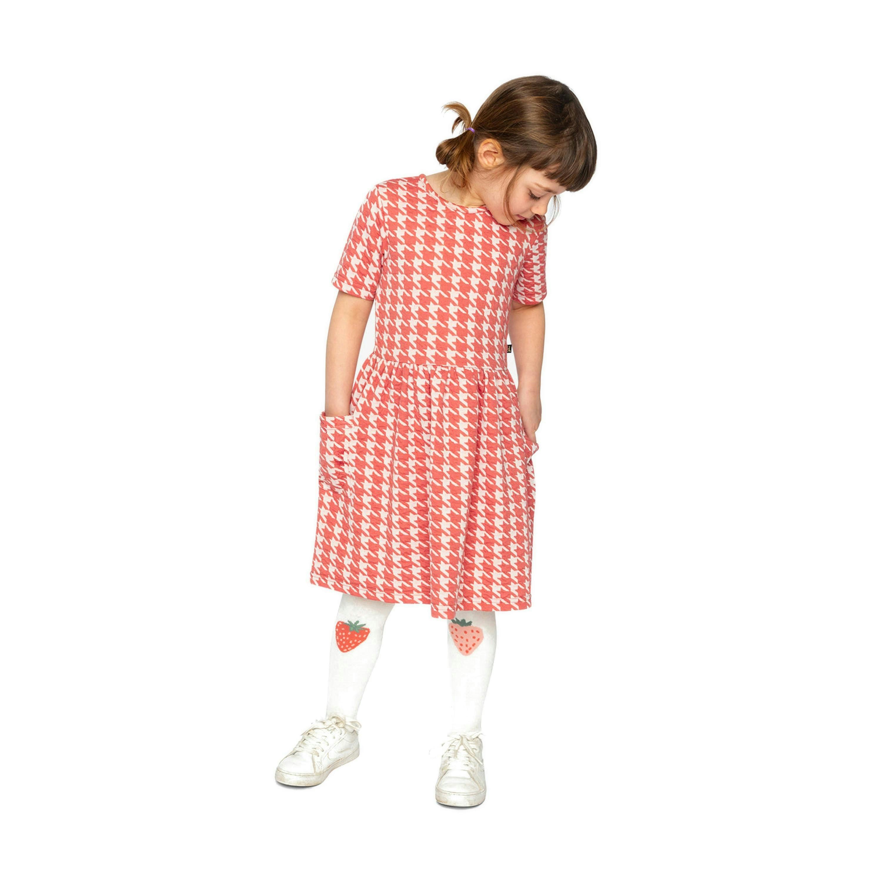 Short Sleeve Dress With Pockets Pink And White Houndstooth , view 2 of 5