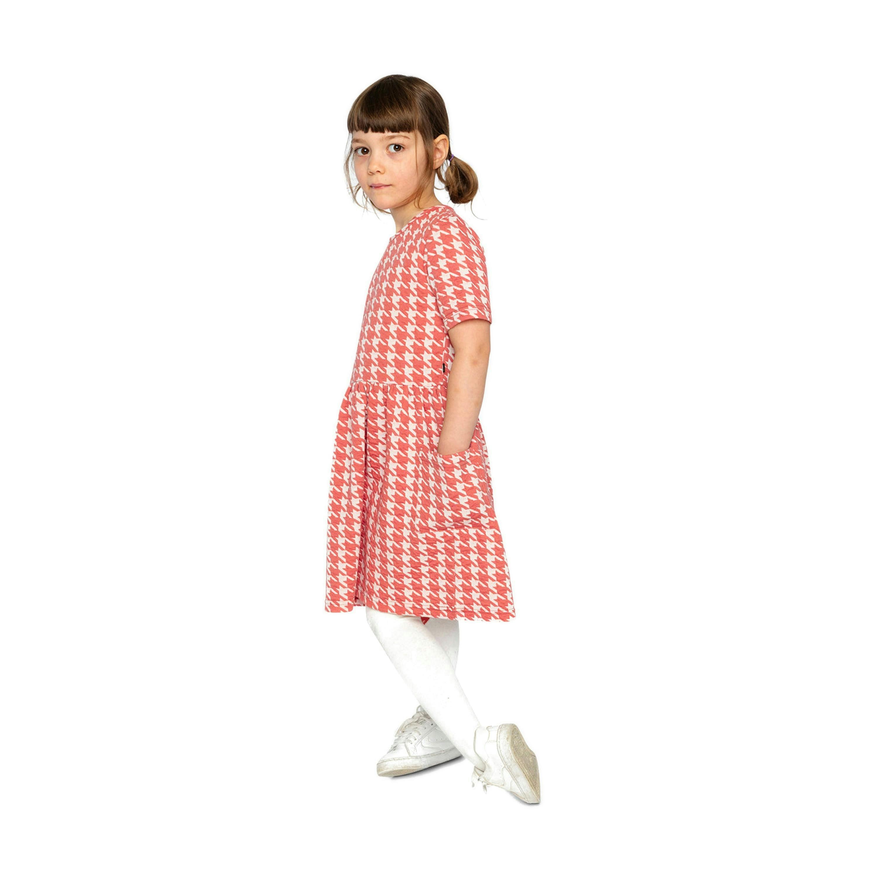 Short Sleeve Dress With Pockets Pink And White Houndstooth , view 3 of 5
