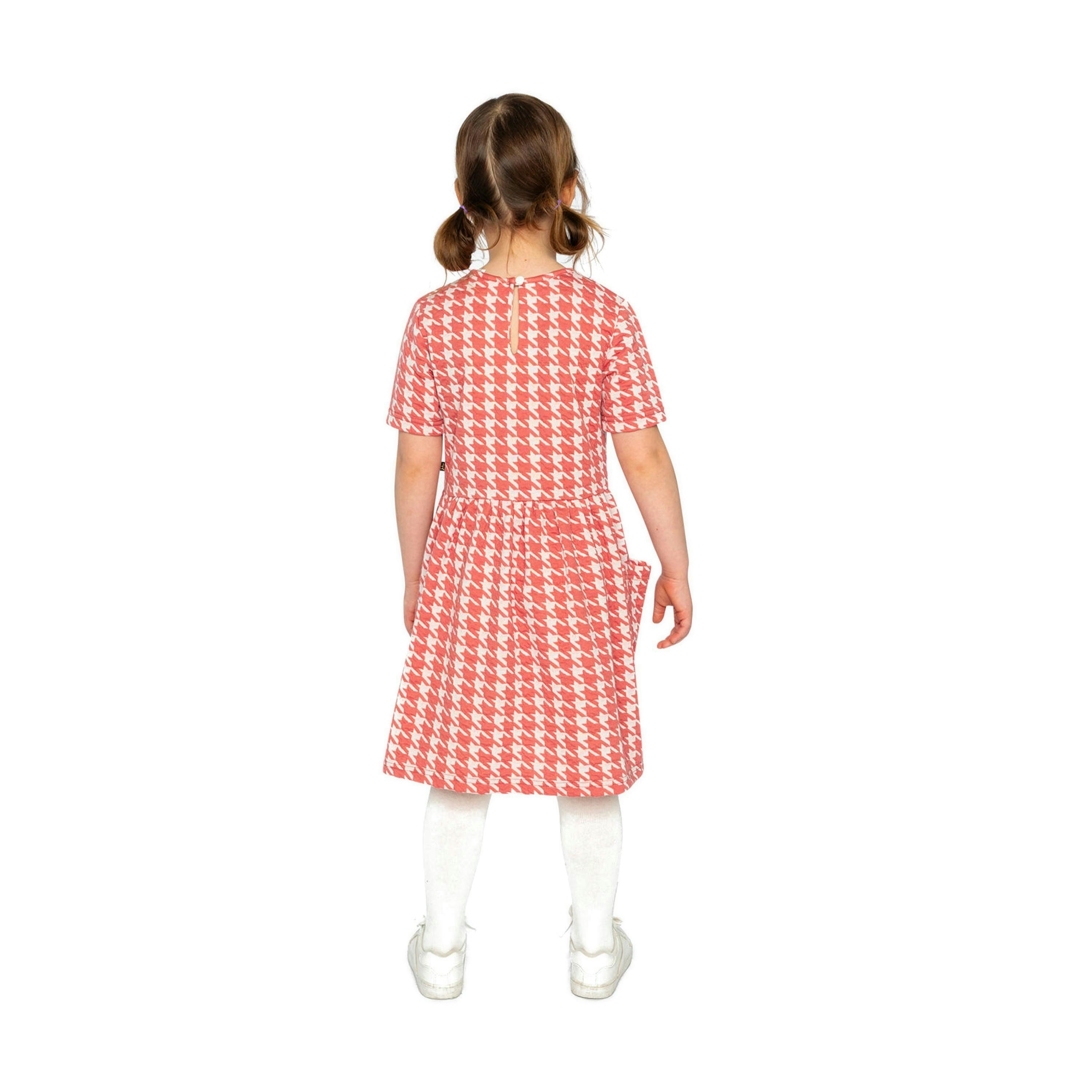 Short Sleeve Dress With Pockets Pink And White Houndstooth , view 4 of 5
