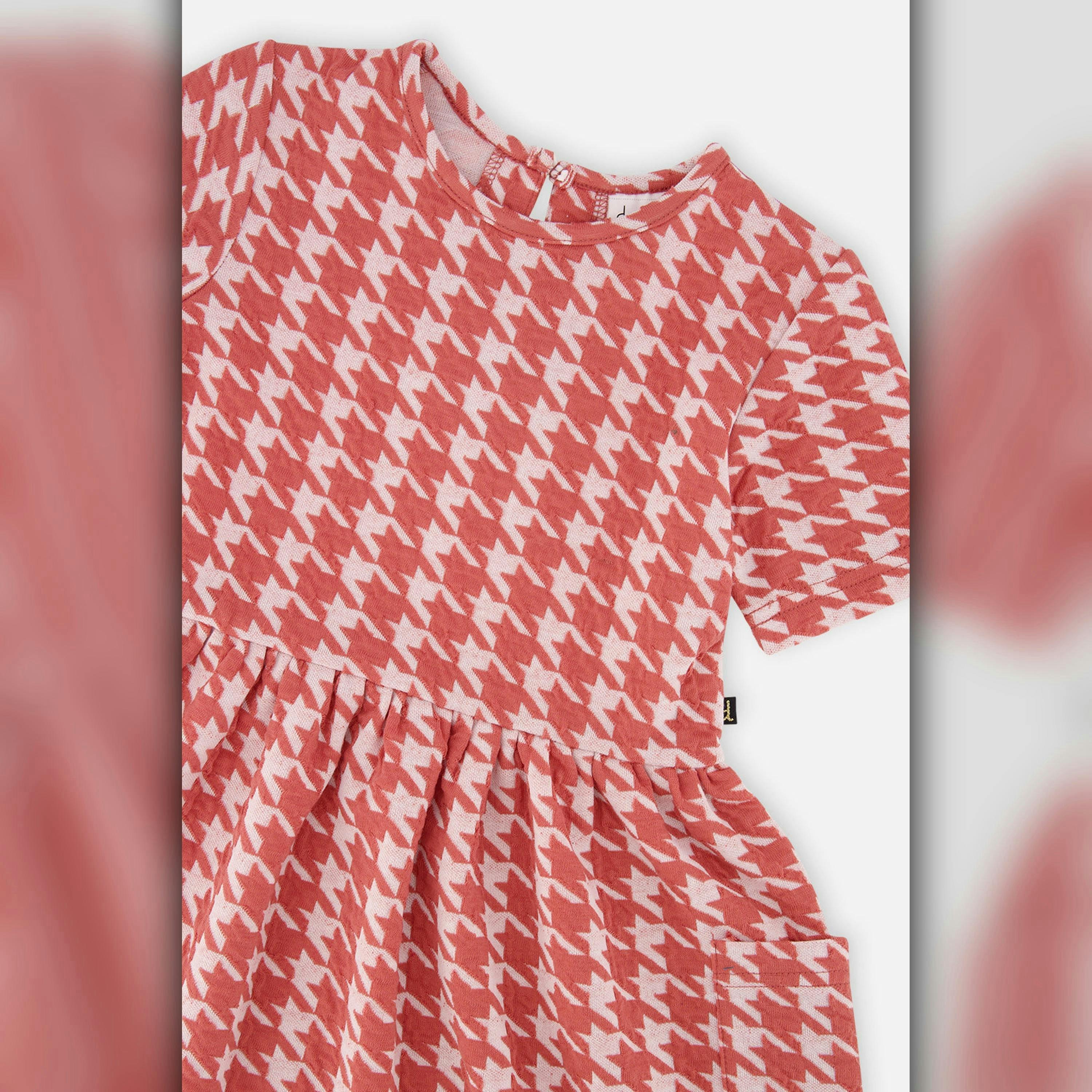 Short Sleeve Dress With Pockets Pink And White Houndstooth , view 5 of 5