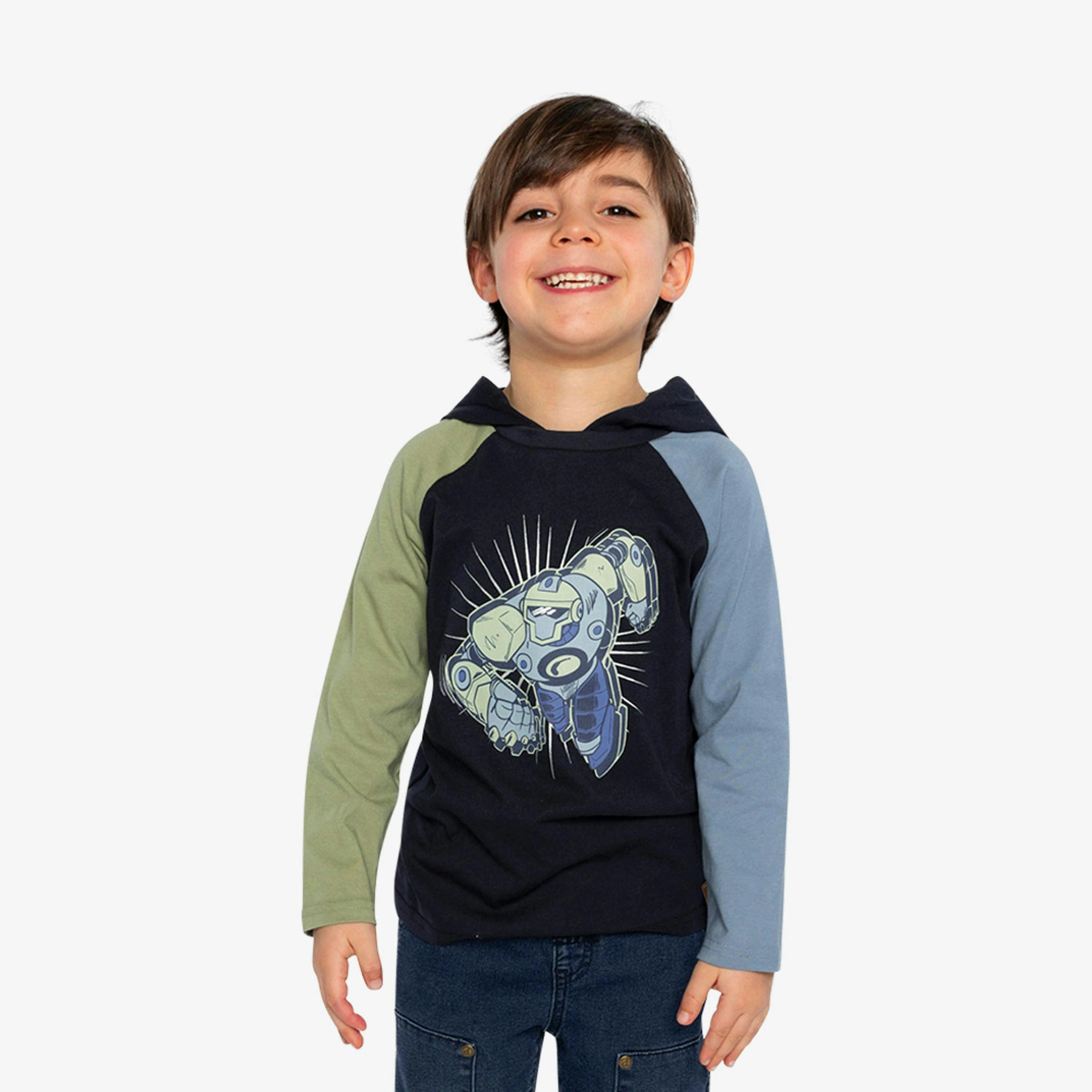 Raglan Hooded T-Shirt Dark Blue And Green , view 2 of 6