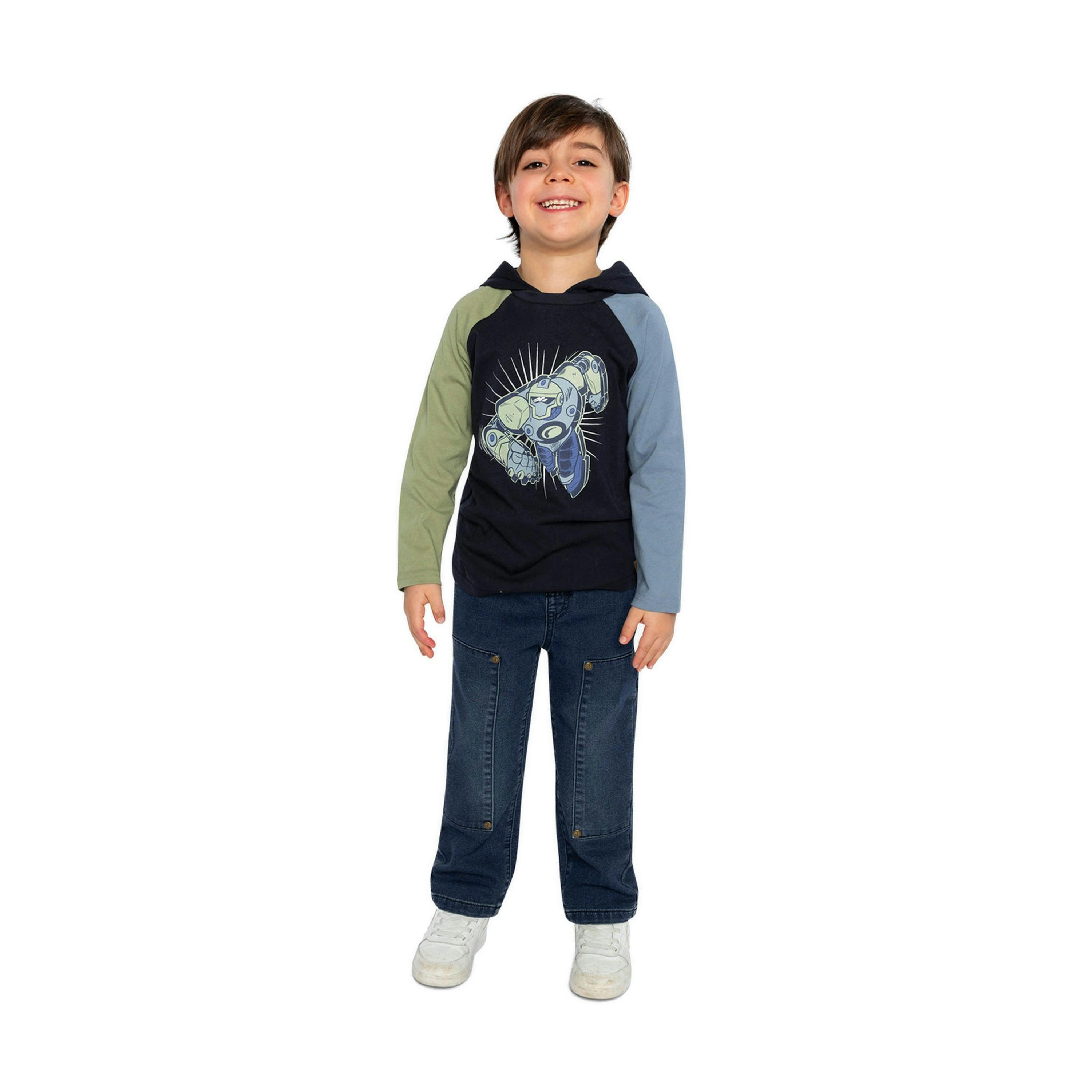 Raglan Hooded T-Shirt Dark Blue And Green , view 5 of 6