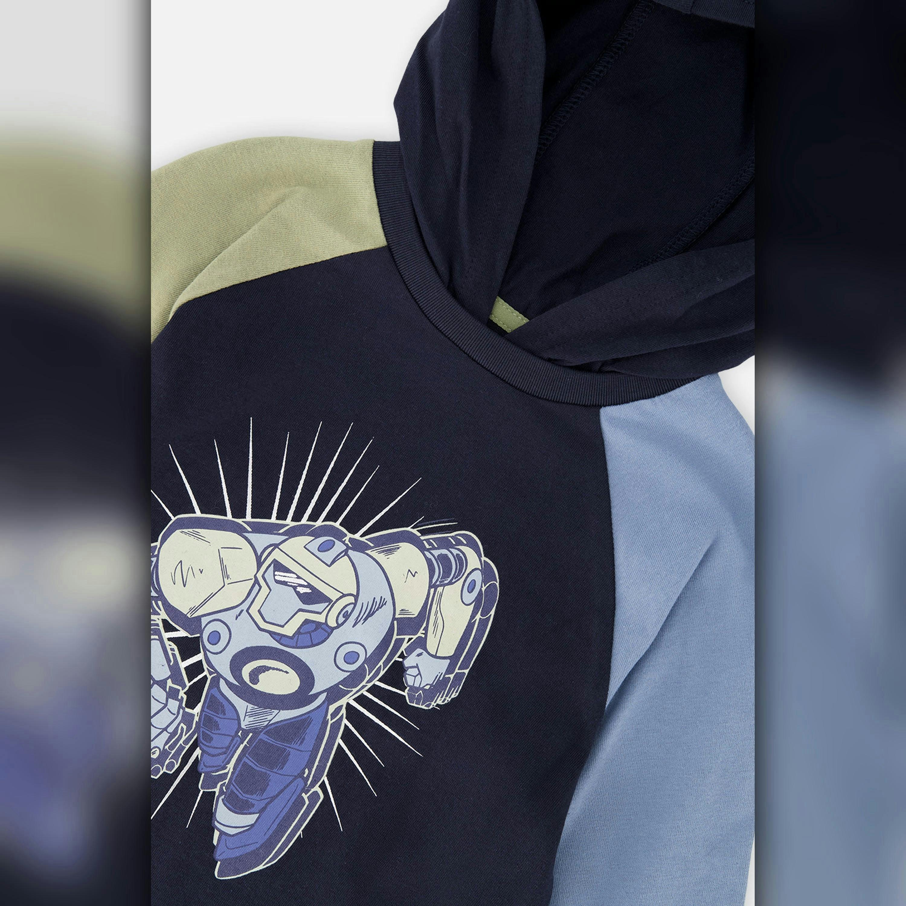Raglan Hooded T-Shirt Dark Blue And Green , view 6 of 6