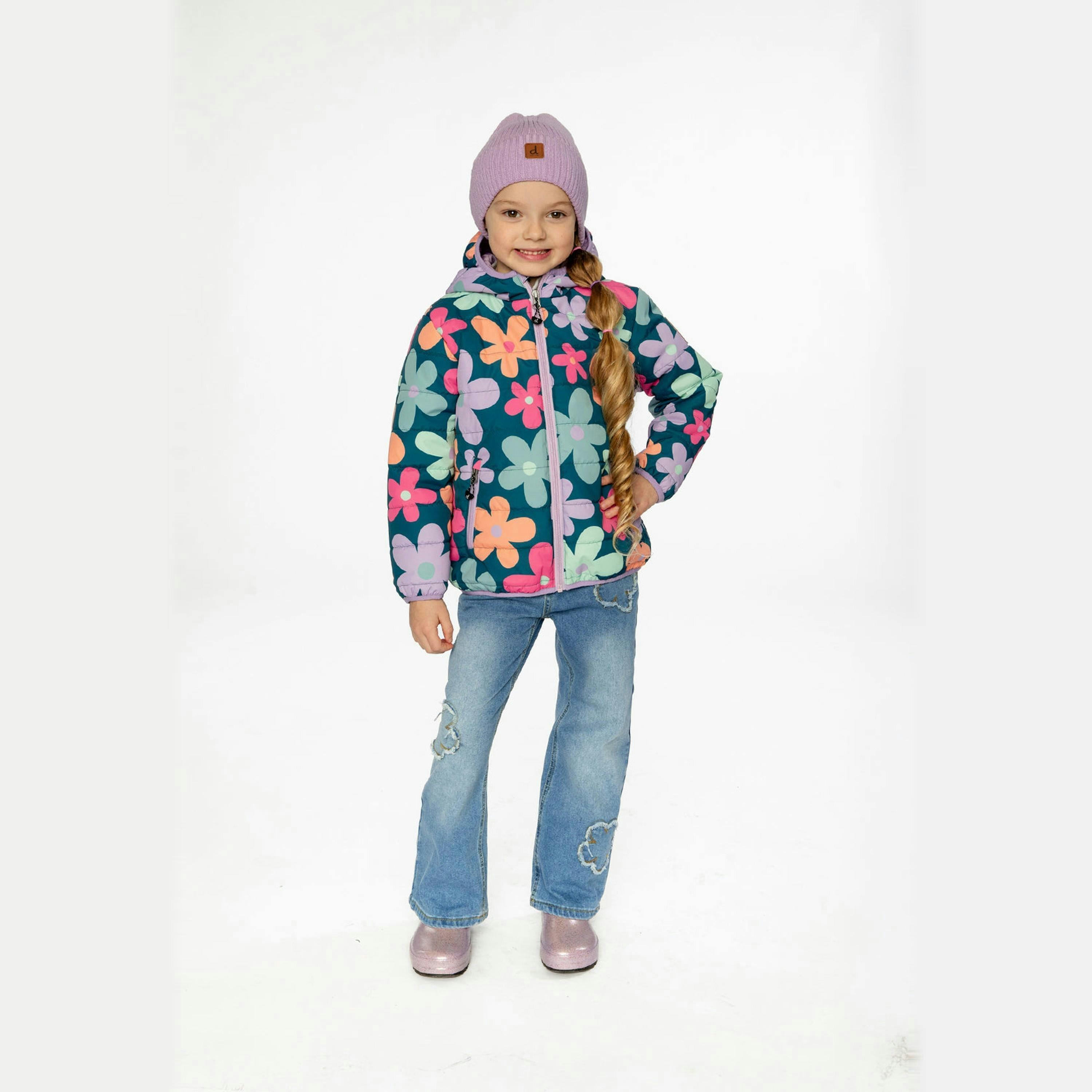 Quilted Mid-Season Jacket Green Floral Print , view 2 of 5