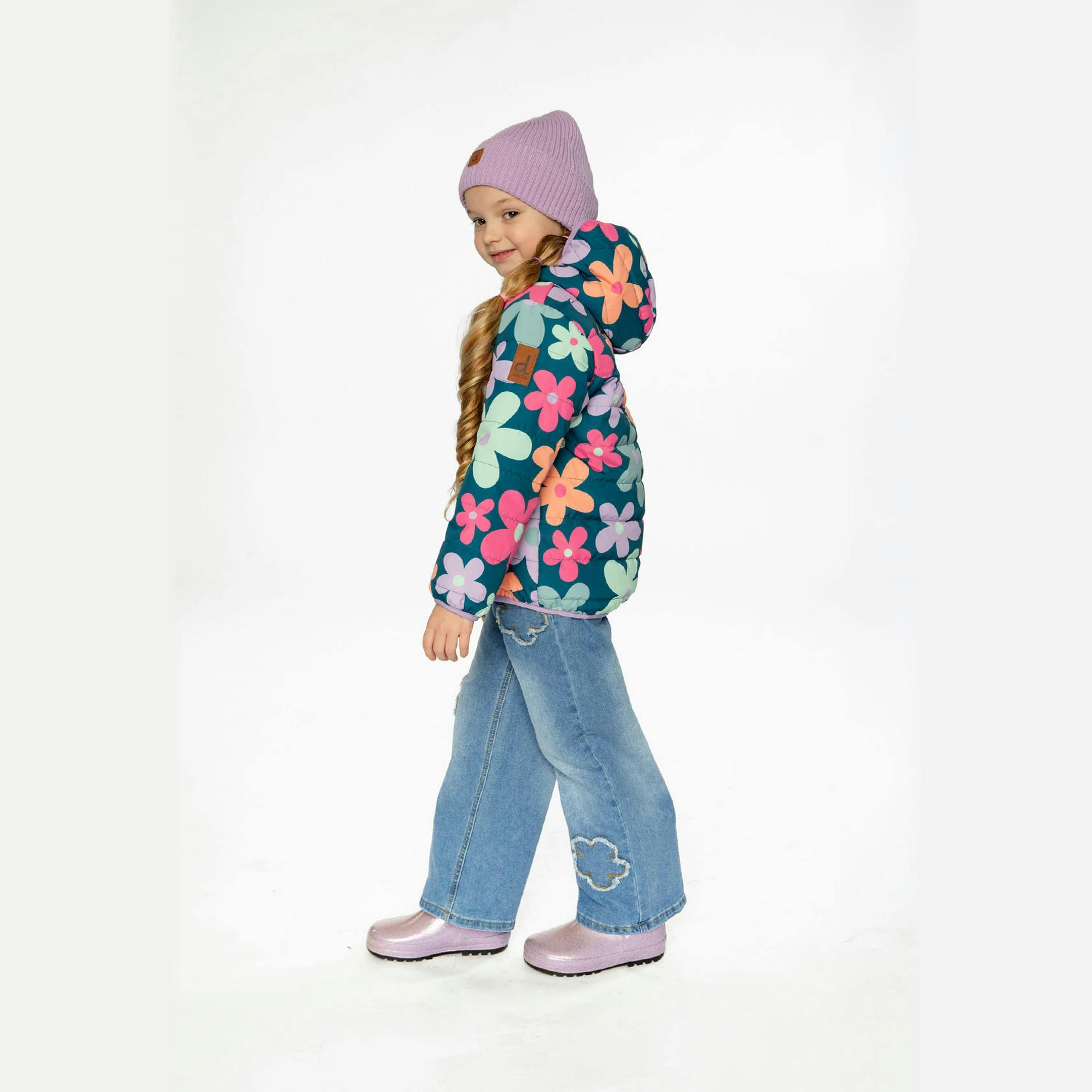 Quilted Mid-Season Jacket Green Floral Print , view 3 of 5