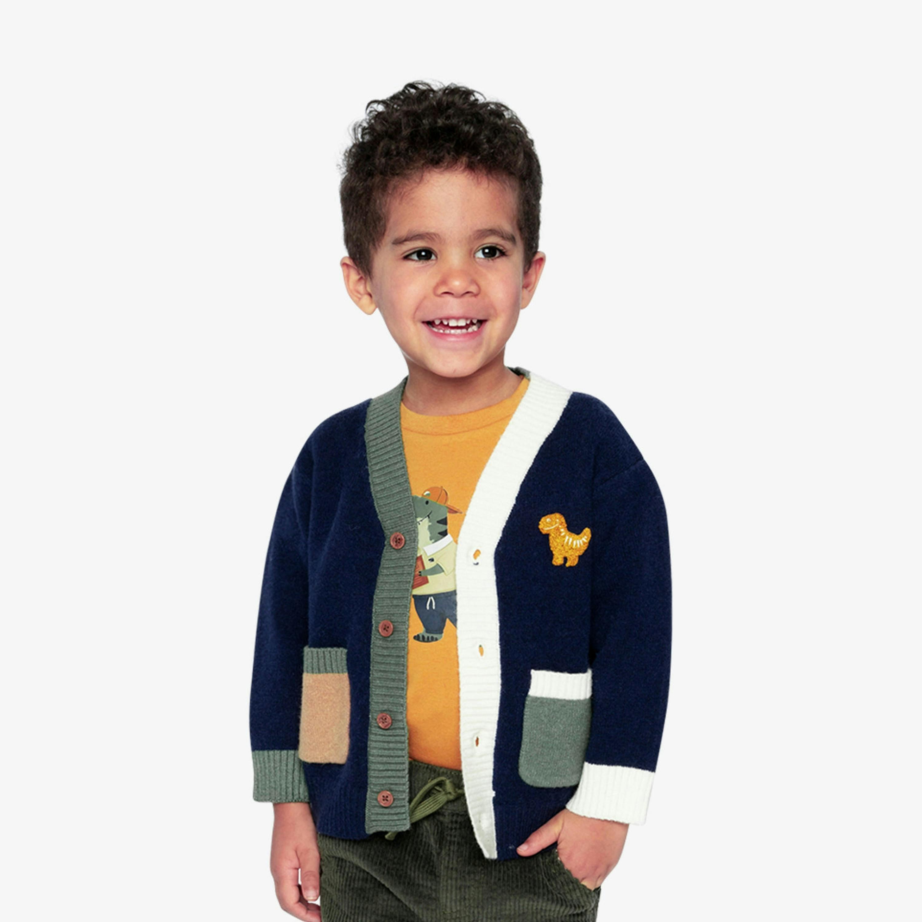 Knit Cardigan With Dino Dark Blue, Green And Yellow , view 4 of 6