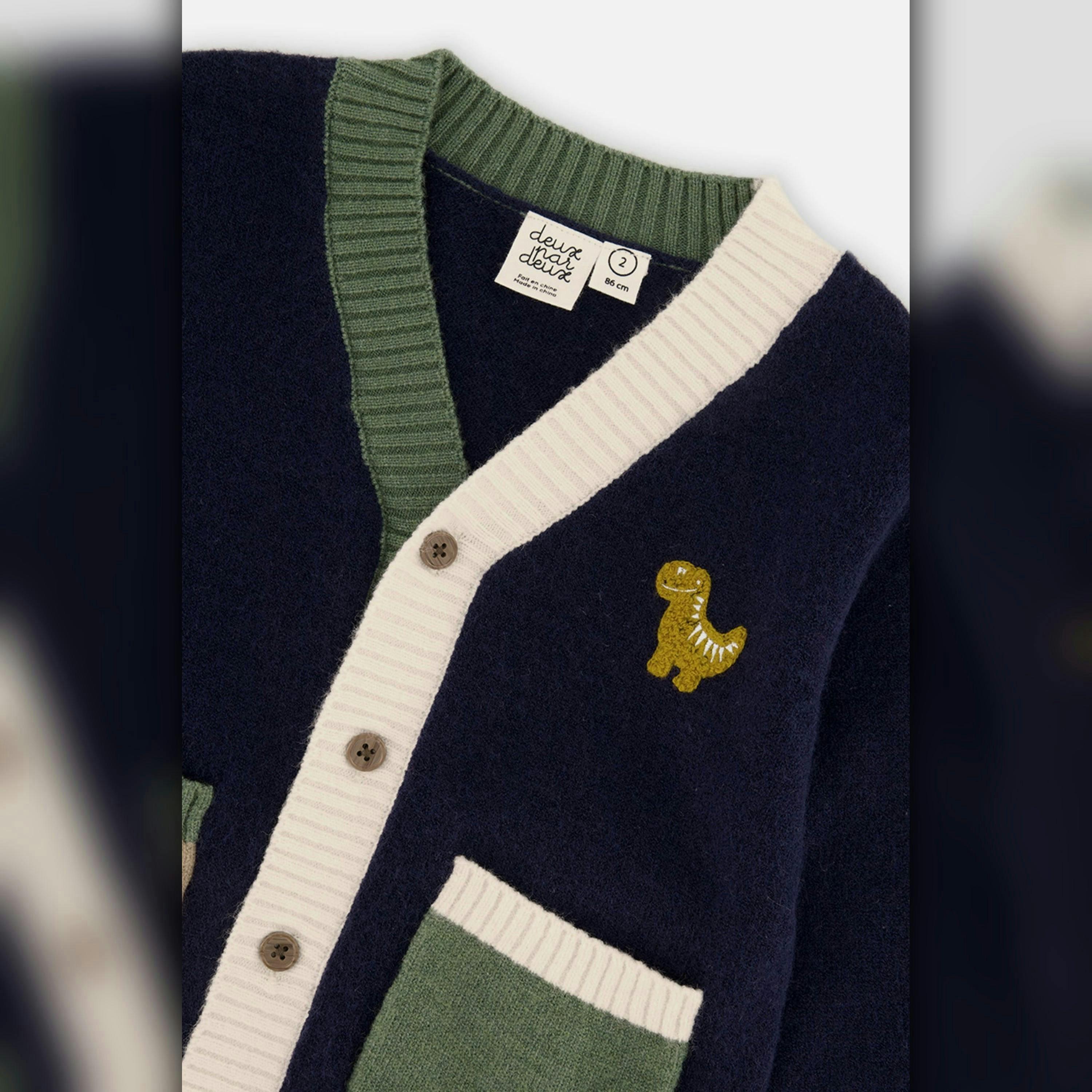 Baby Knit Cardigan with Dino Dark Blue, Green and Yellow , view 2 of 2