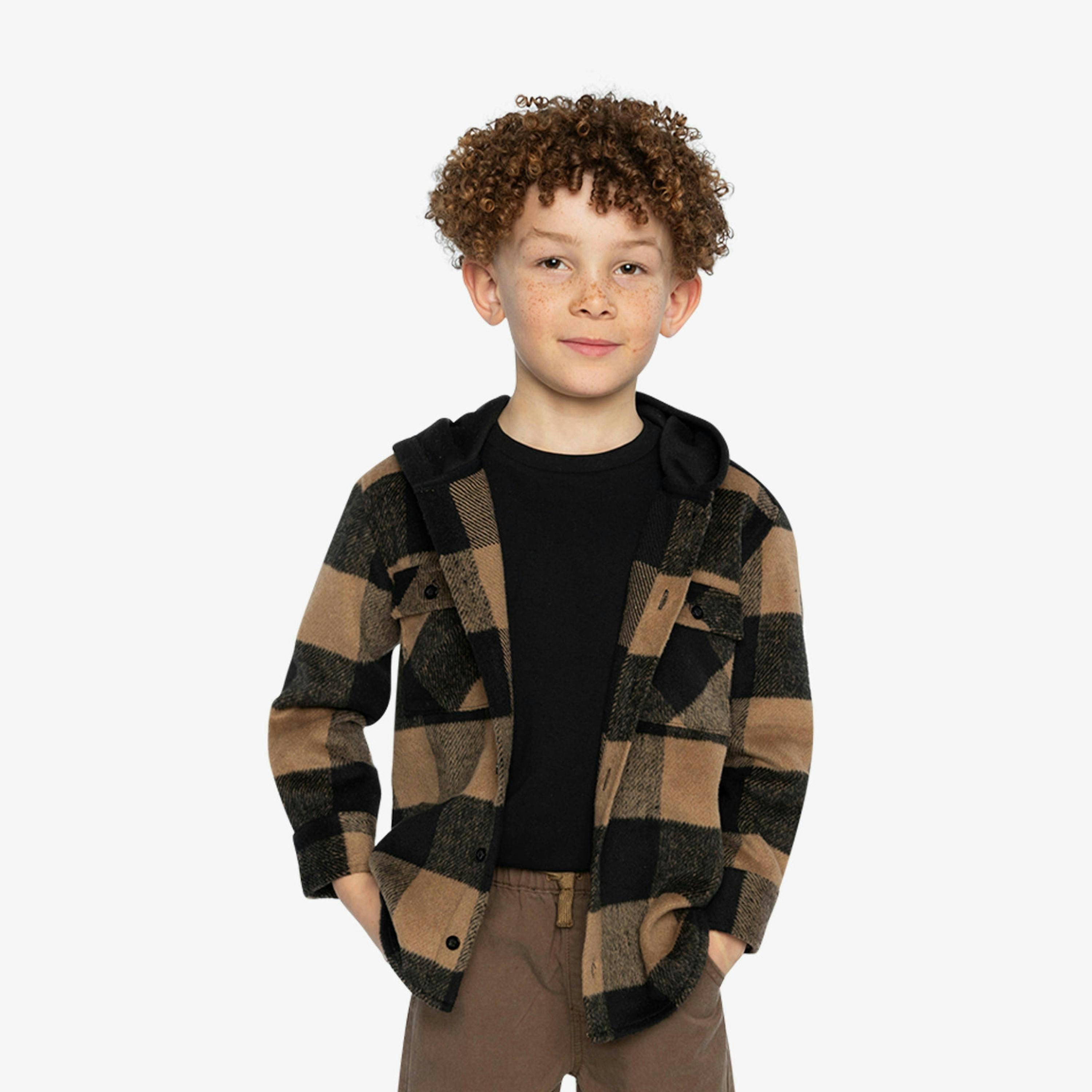 Flannel Shirt With Fleece Hood Brown And Black Plaid , view 2 of 6