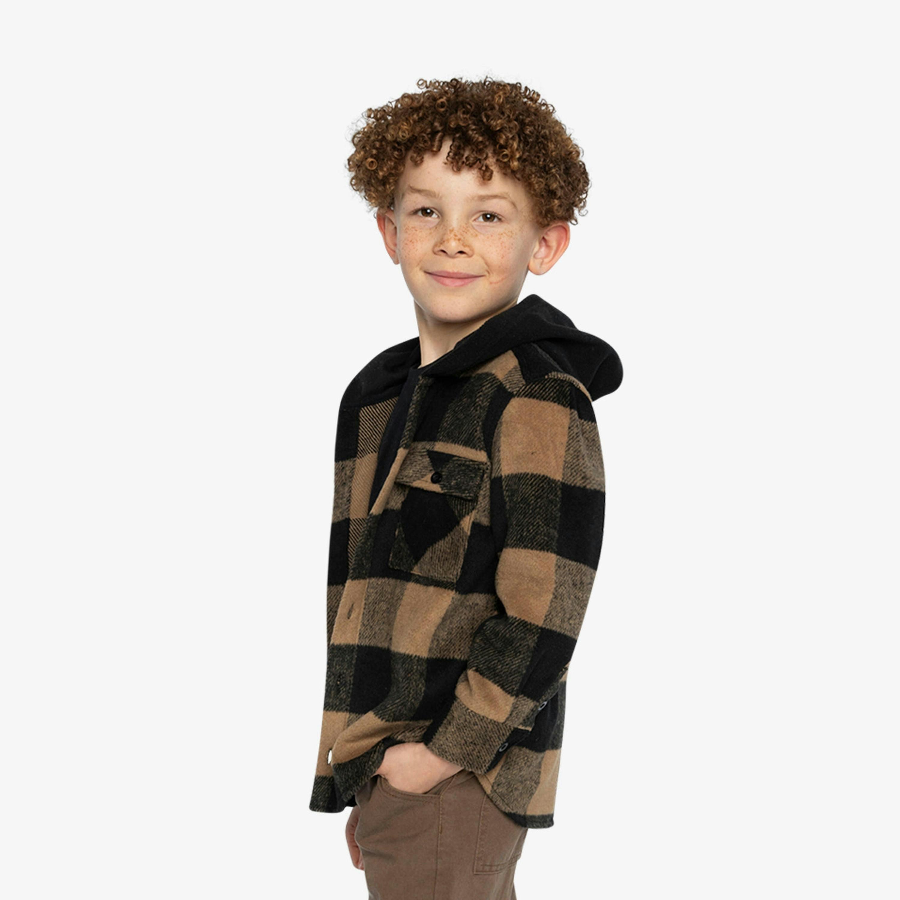 Flannel Shirt With Fleece Hood Brown And Black Plaid , view 3 of 6