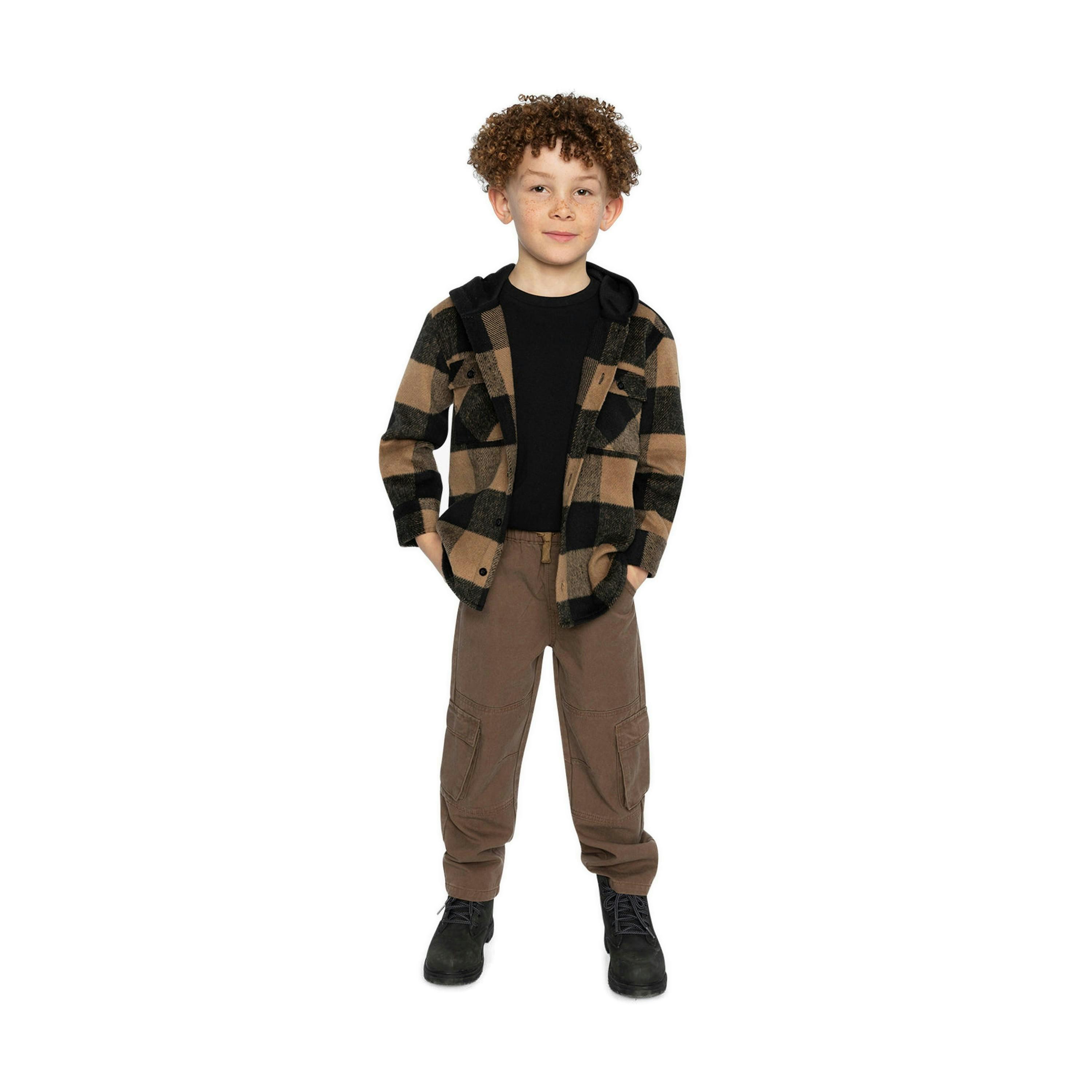 Flannel Shirt With Fleece Hood Brown And Black Plaid , view 5 of 6