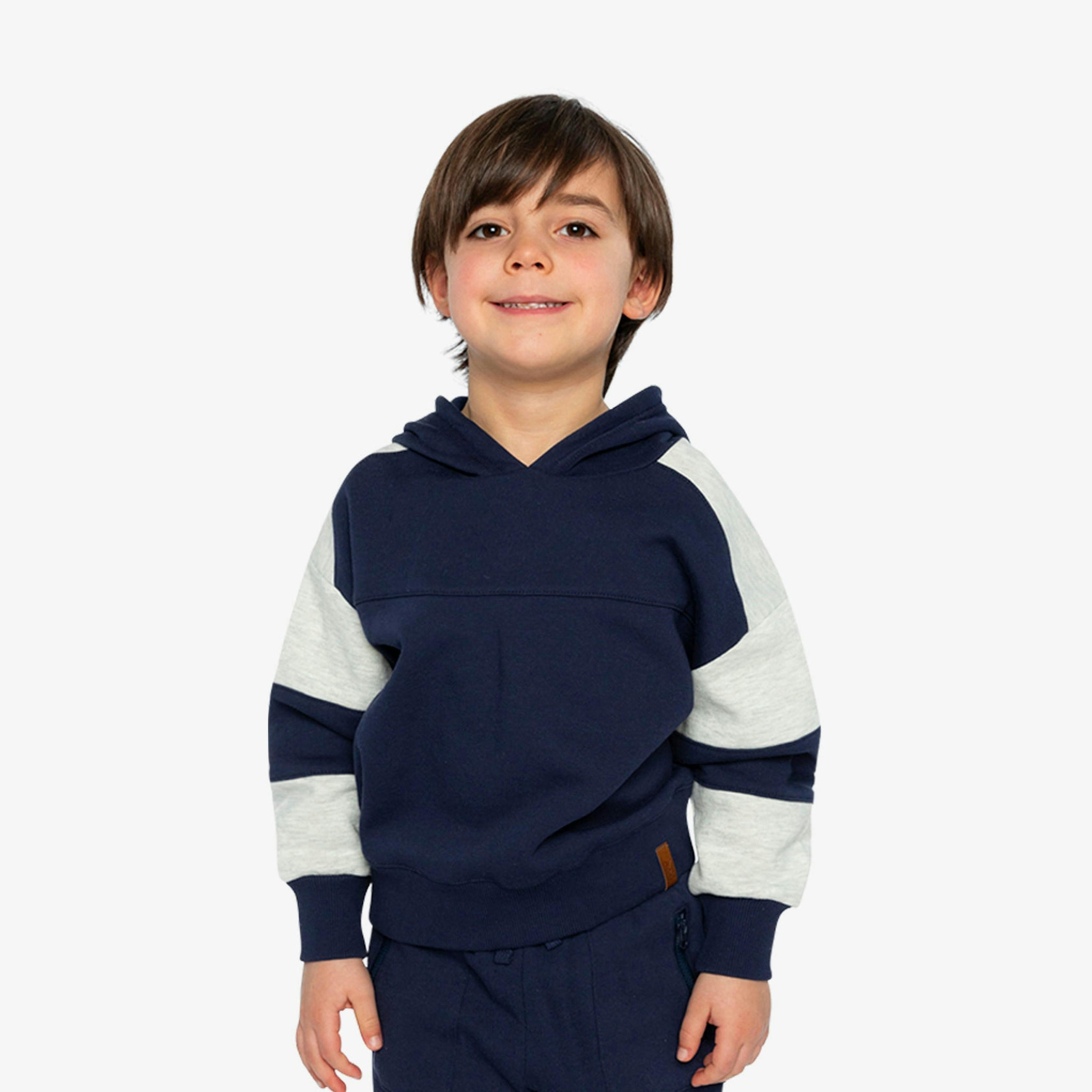 Hooded Striped Fleece Cardigan Dark Blue And Beige , view 2 of 5