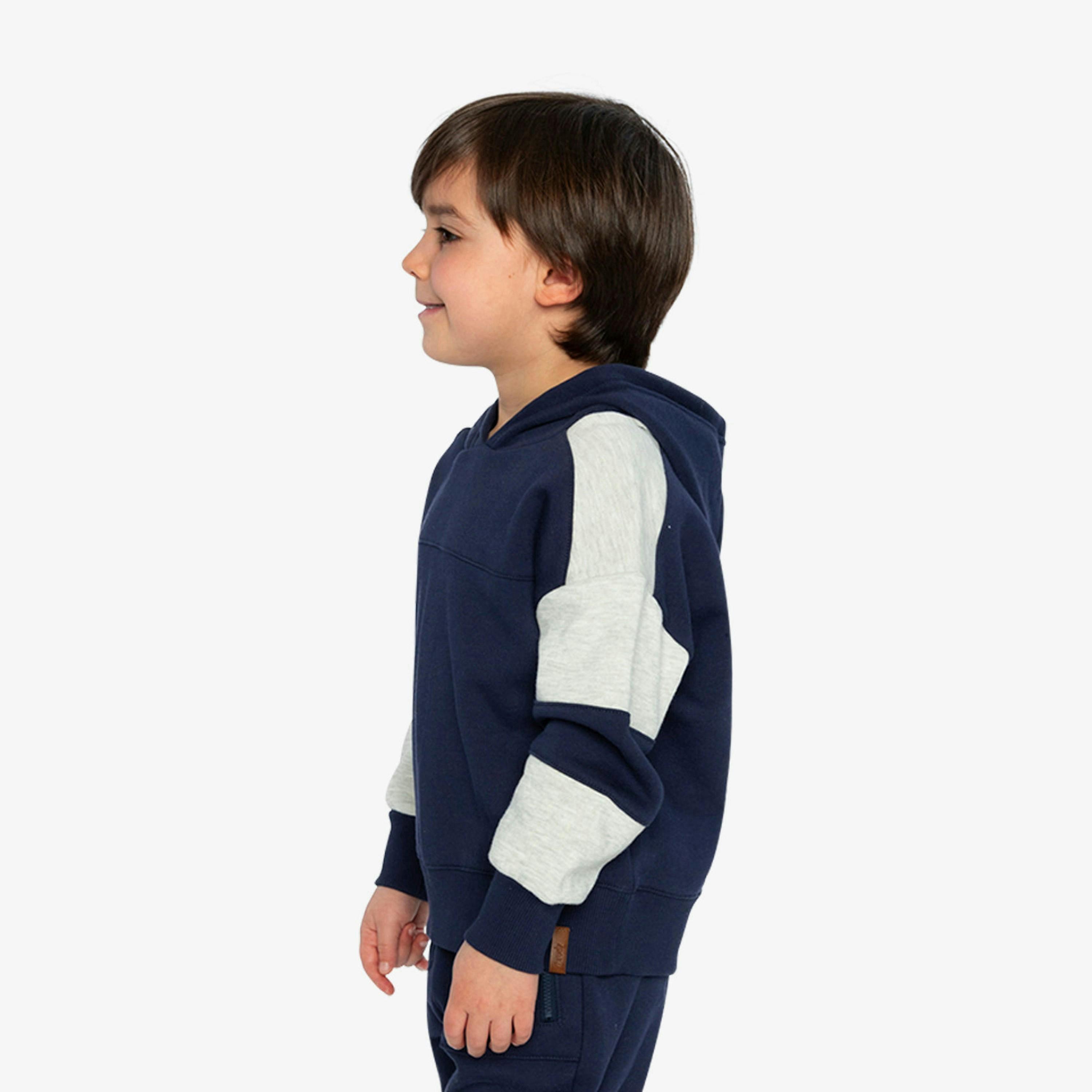 Hooded Striped Fleece Cardigan Dark Blue And Beige , view 3 of 5