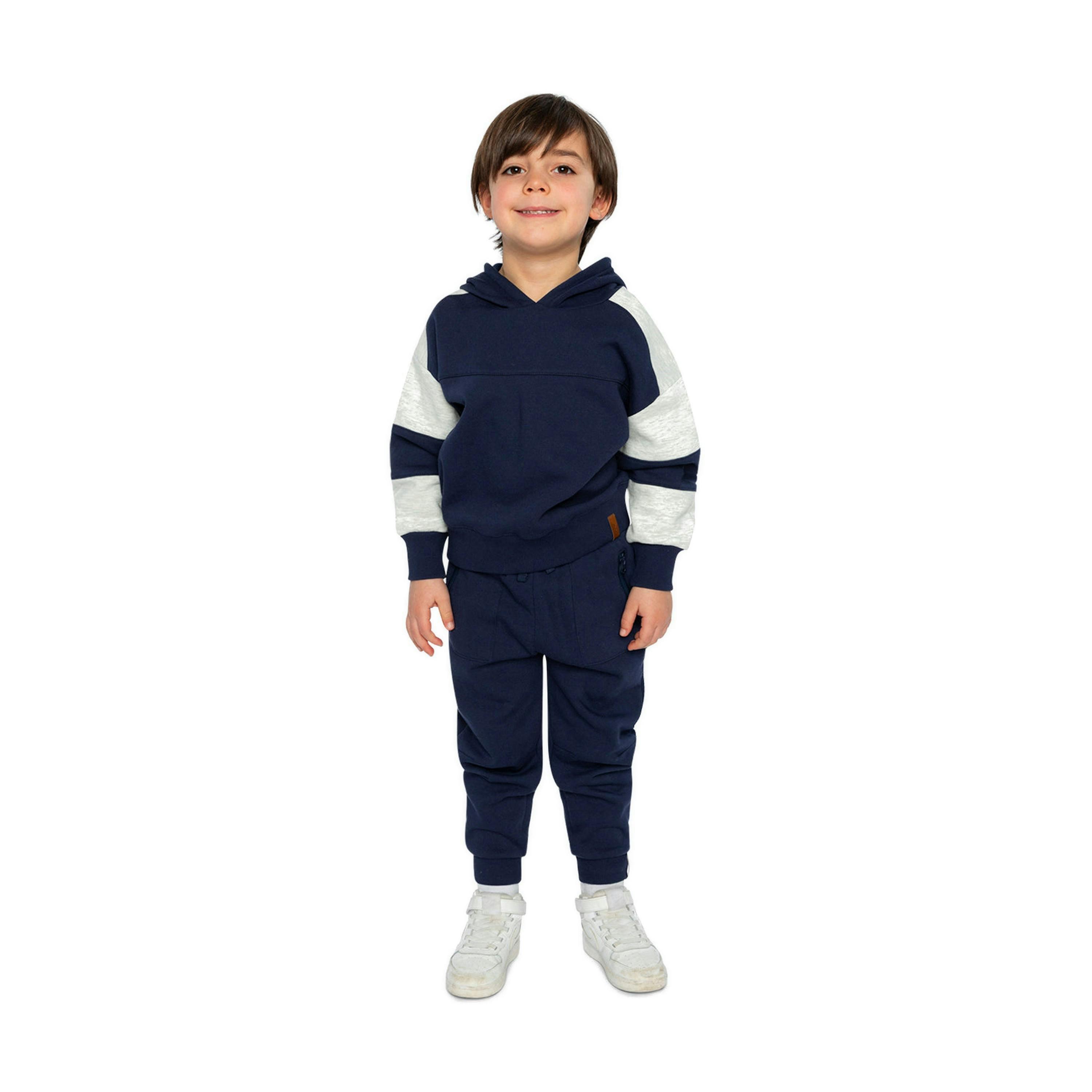 Hooded Striped Fleece Cardigan Dark Blue And Beige , view 4 of 5