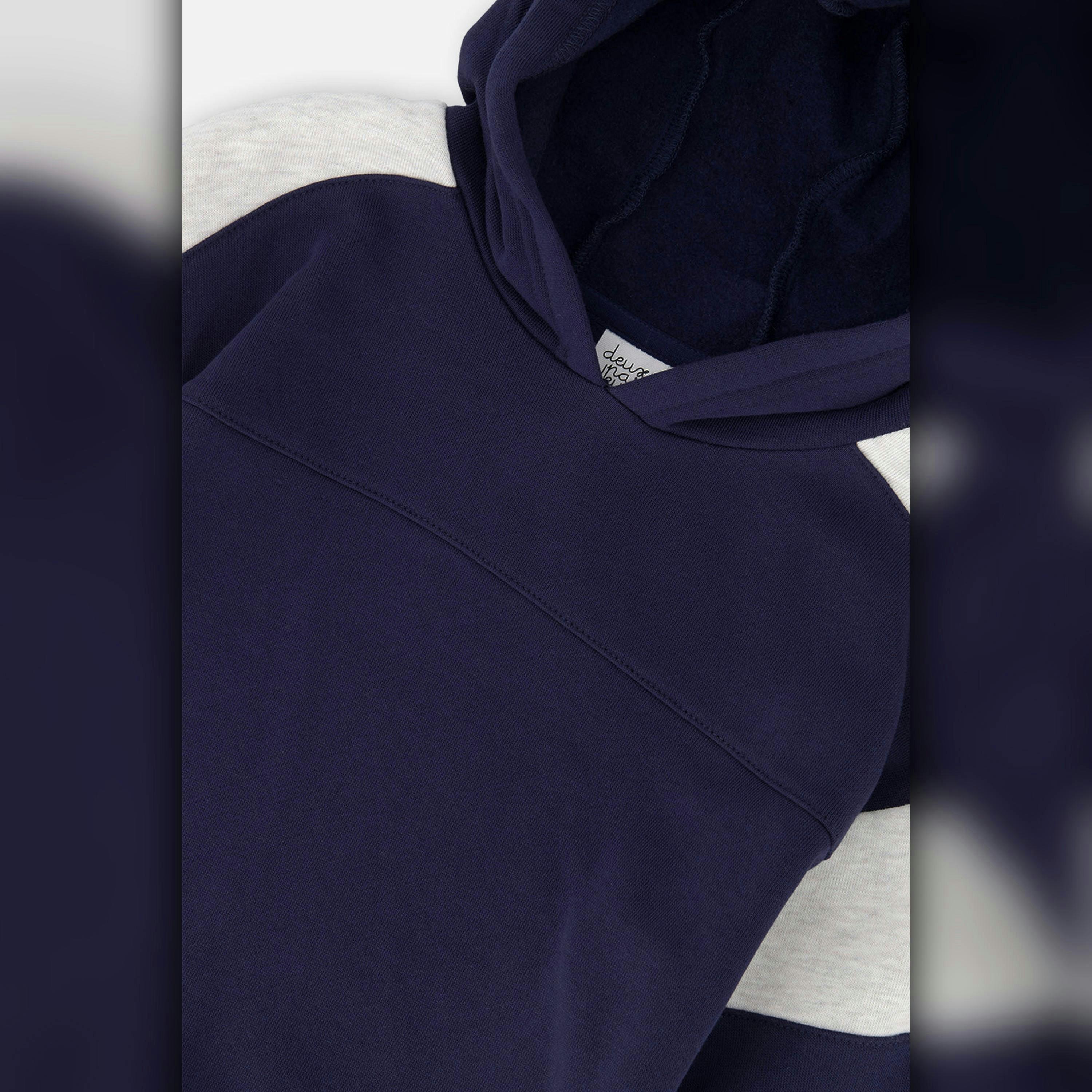 Hooded Striped Fleece Cardigan Dark Blue And Beige , view 5 of 5