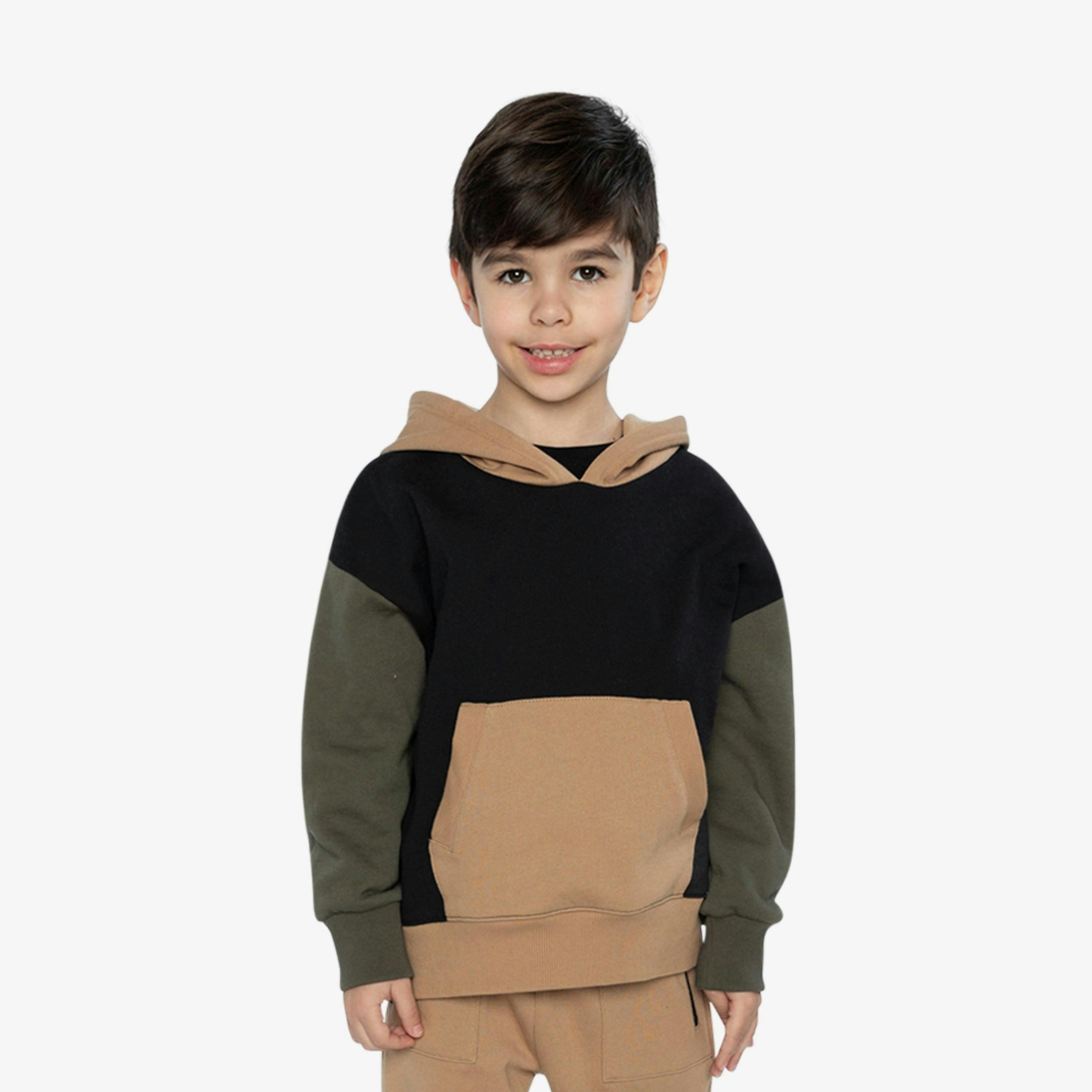 Hooded Colorblock Fleece Cardigan Black, Green And Beige , view 2 of 6