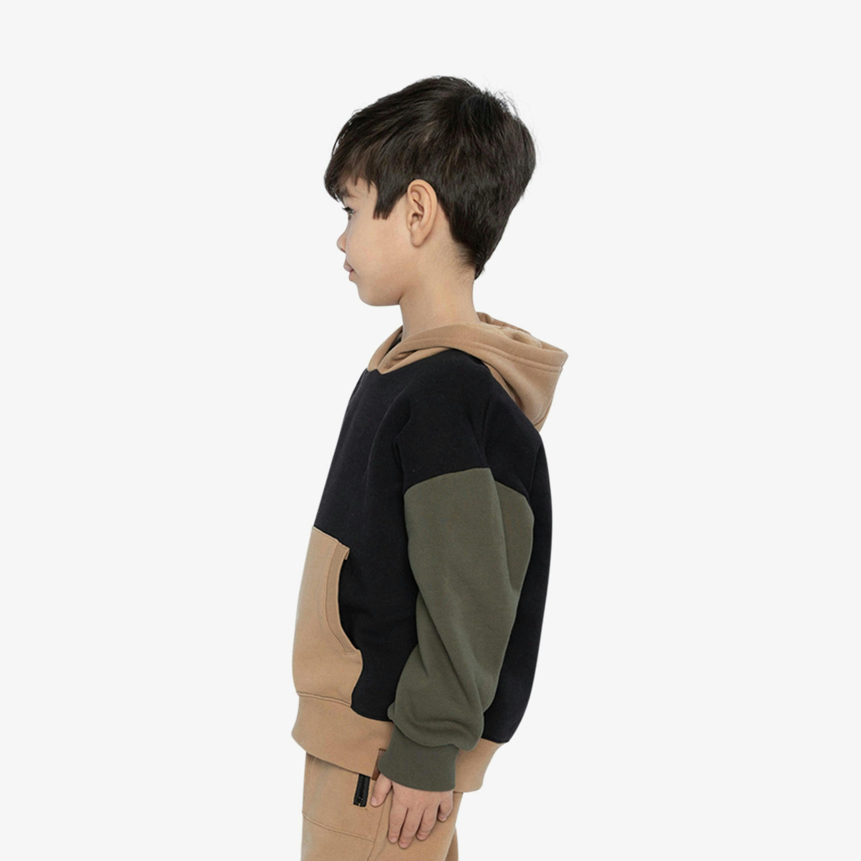 Hooded Colorblock Fleece Cardigan Black, Green And Beige , view 3 of 6