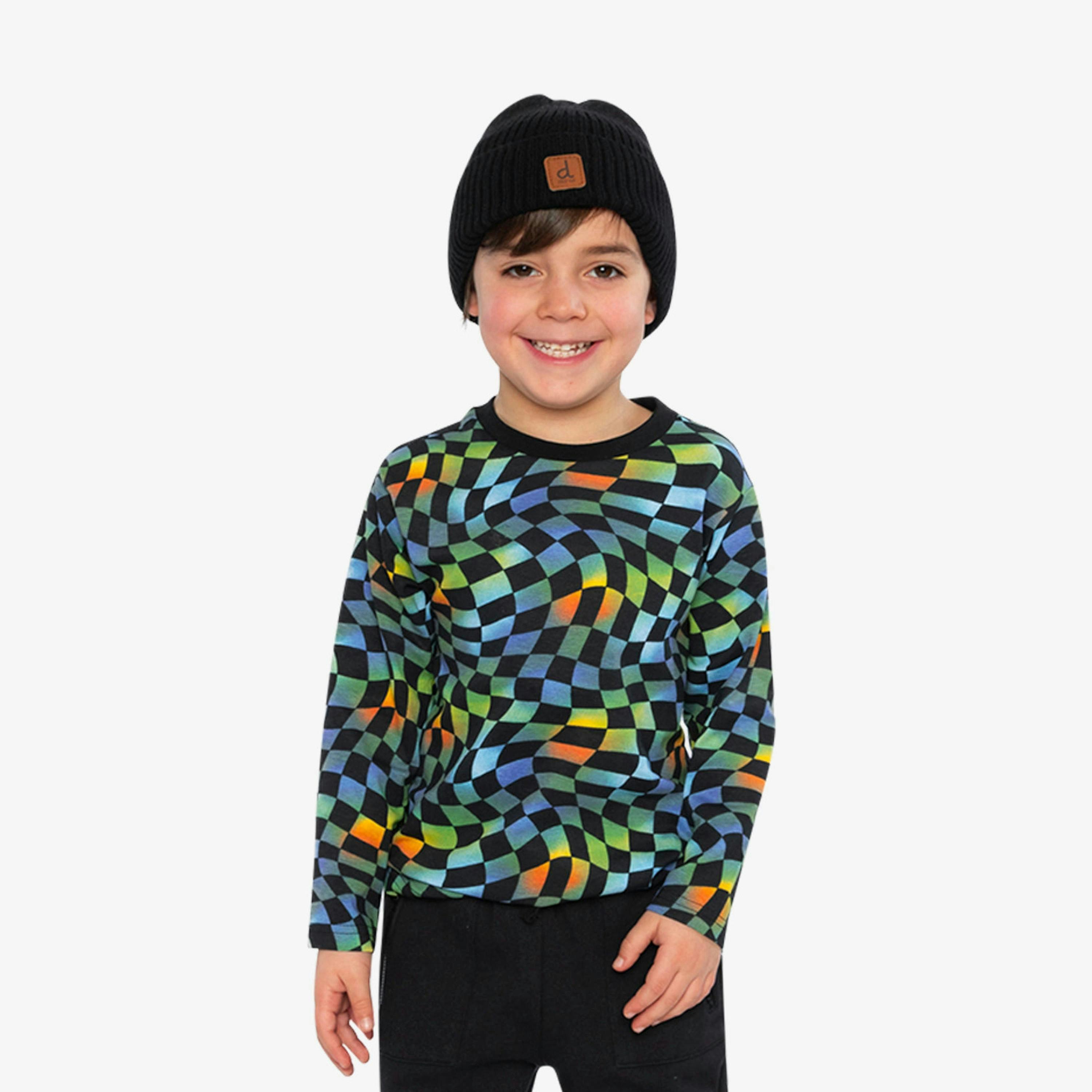 Organic Cotton Long Sleeve T-Shirt Blue Checkered Print , view 2 of 6