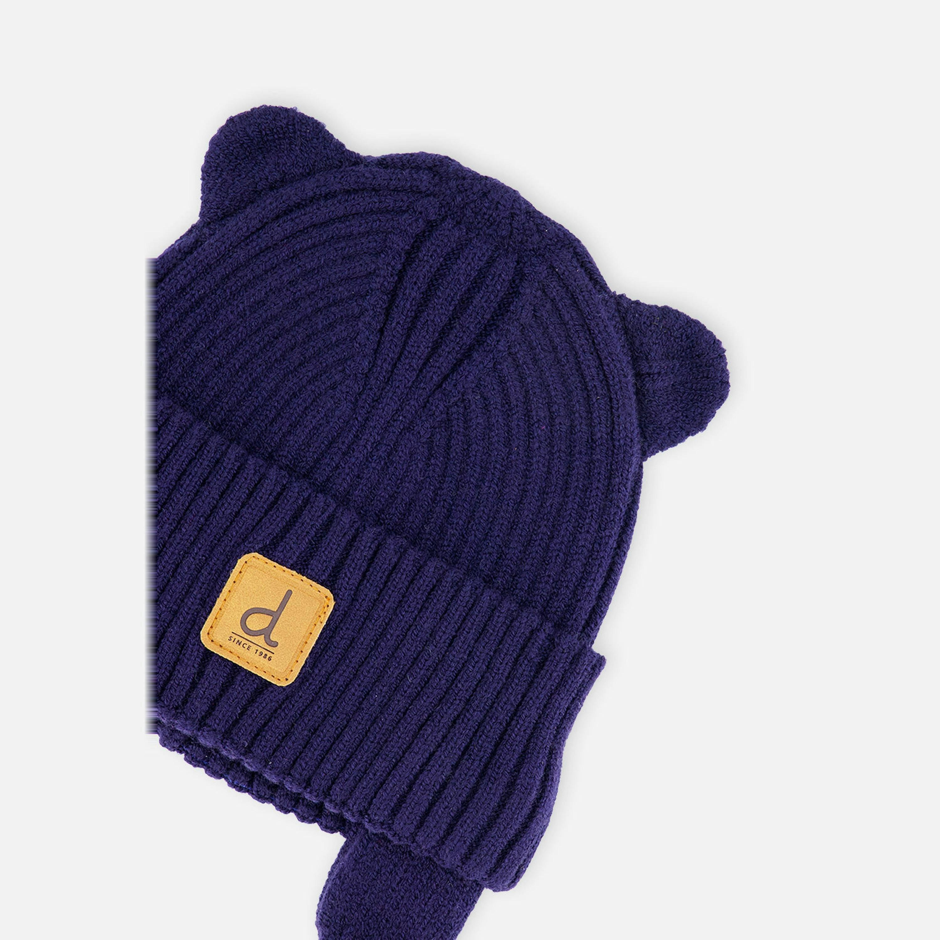 Baby Knit Hat With Strings Navy Blue , view 2 of 2