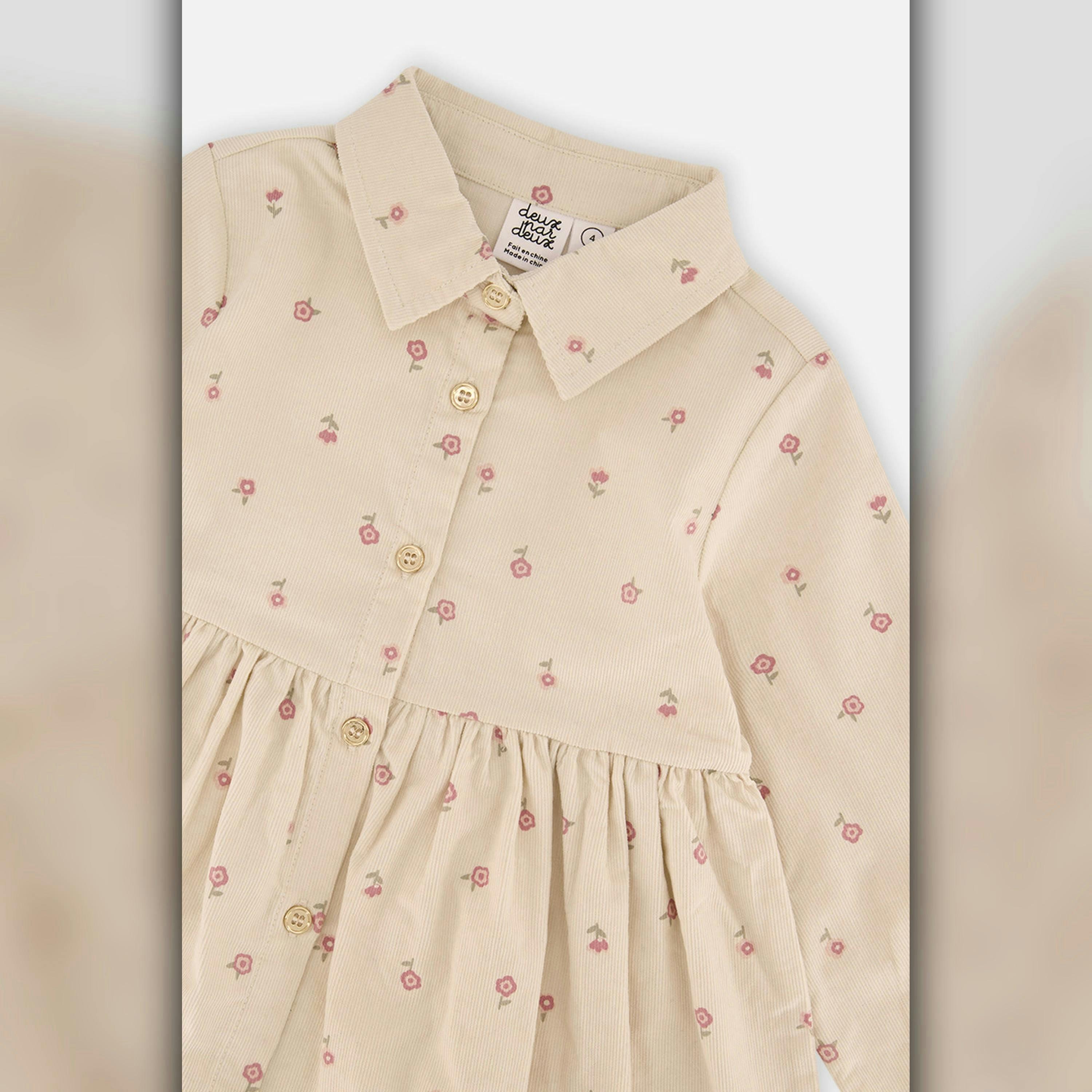 Corduroy Shirt Dress Beige Floral Print , view 5 of 6