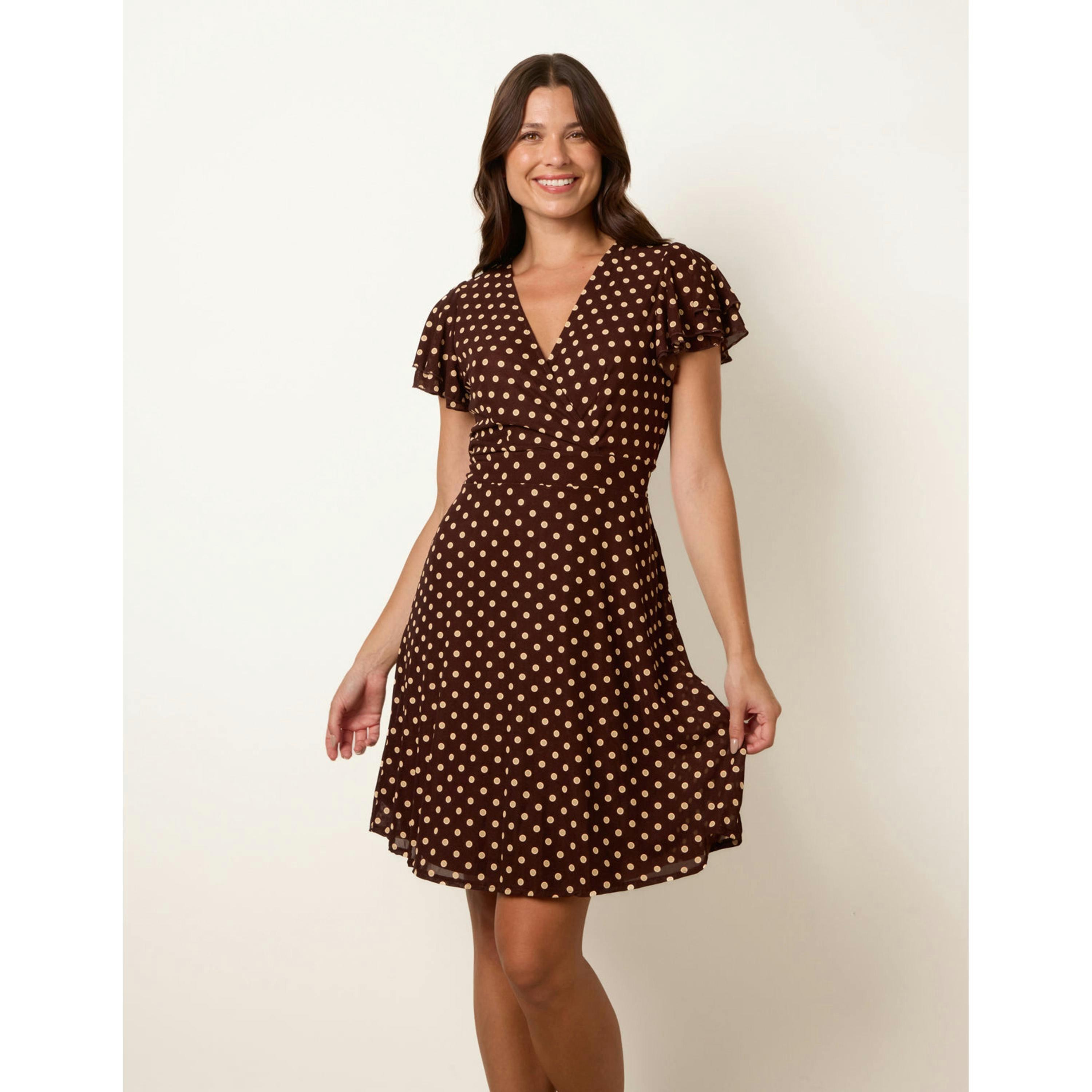 Blue Vanilla Spot Mesh Frill Sleeve Dress  in Brown , view 1 of 4