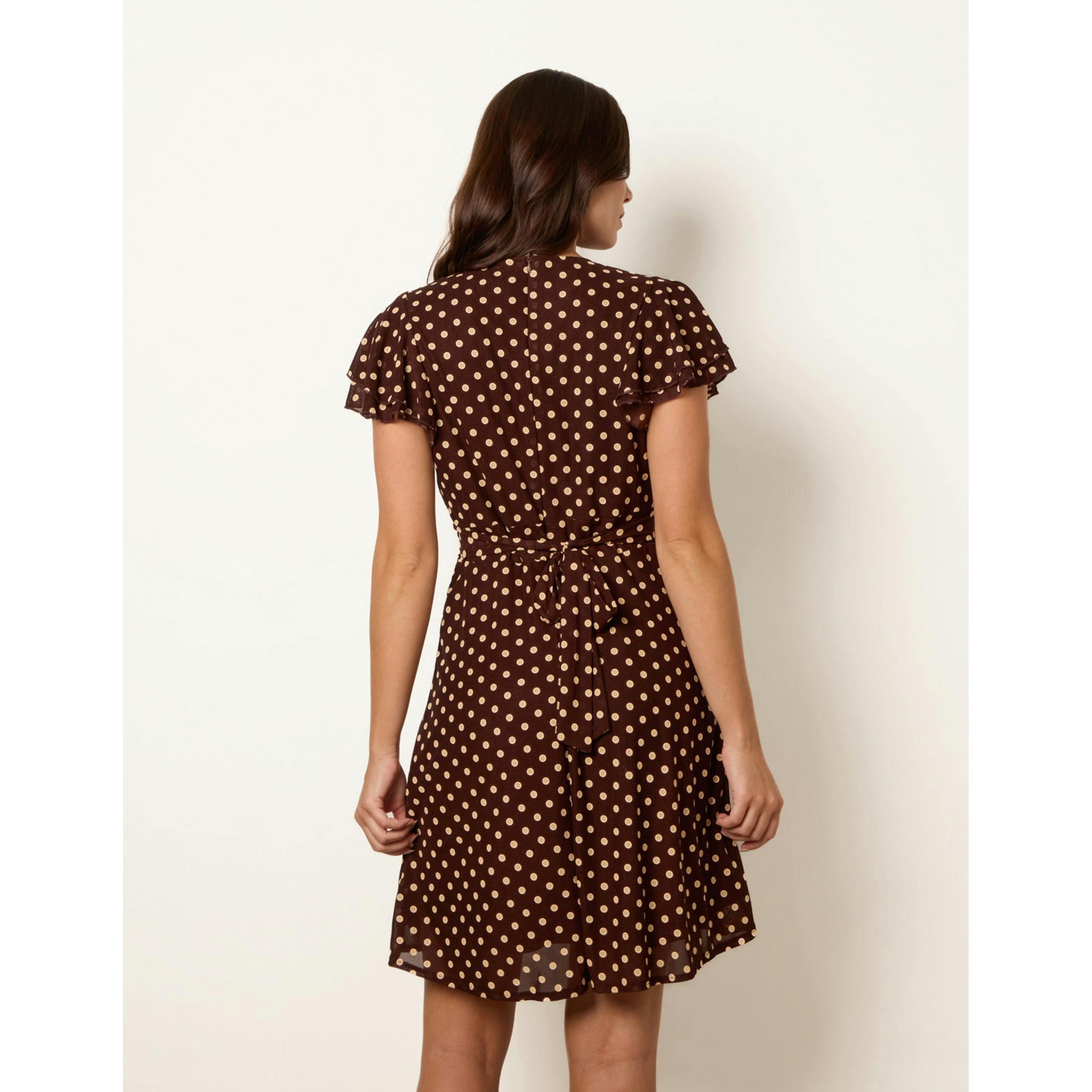 Blue Vanilla Spot Mesh Frill Sleeve Dress  in Brown , view 2 of 4