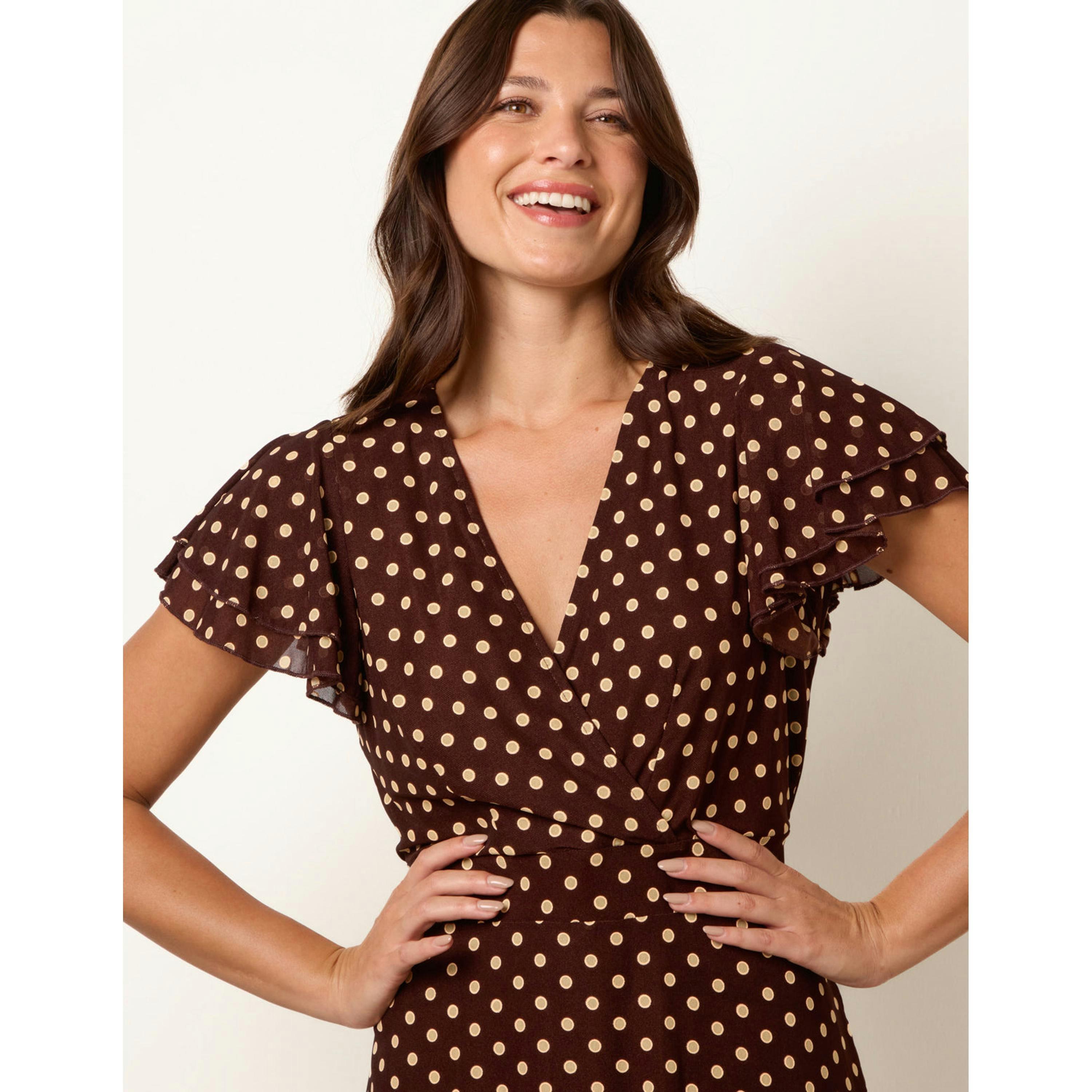 Blue Vanilla Spot Mesh Frill Sleeve Dress  in Brown , view 3 of 4