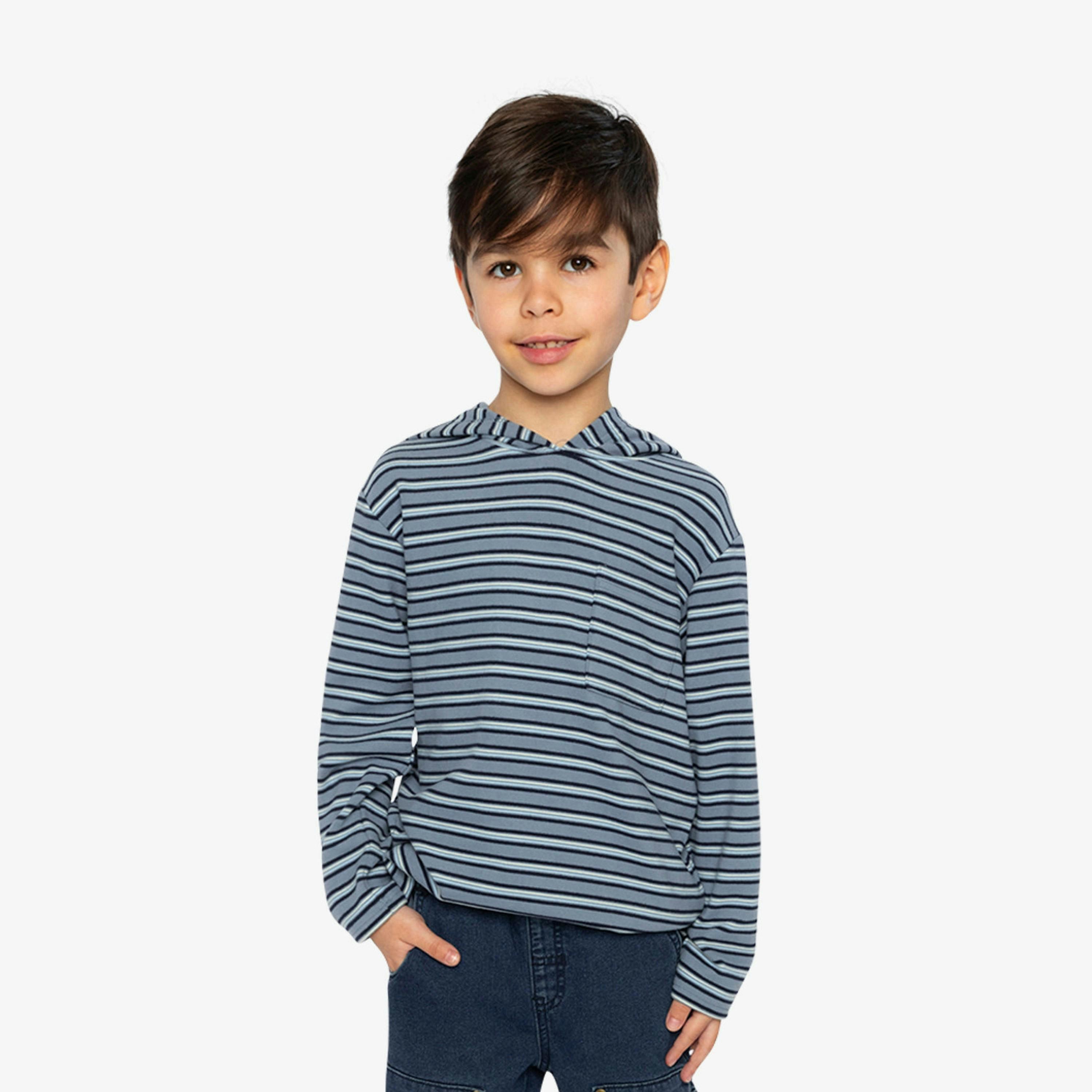 Striped Brushed Jersey Hooded T-Shirt Blue And White , view 2 of 4