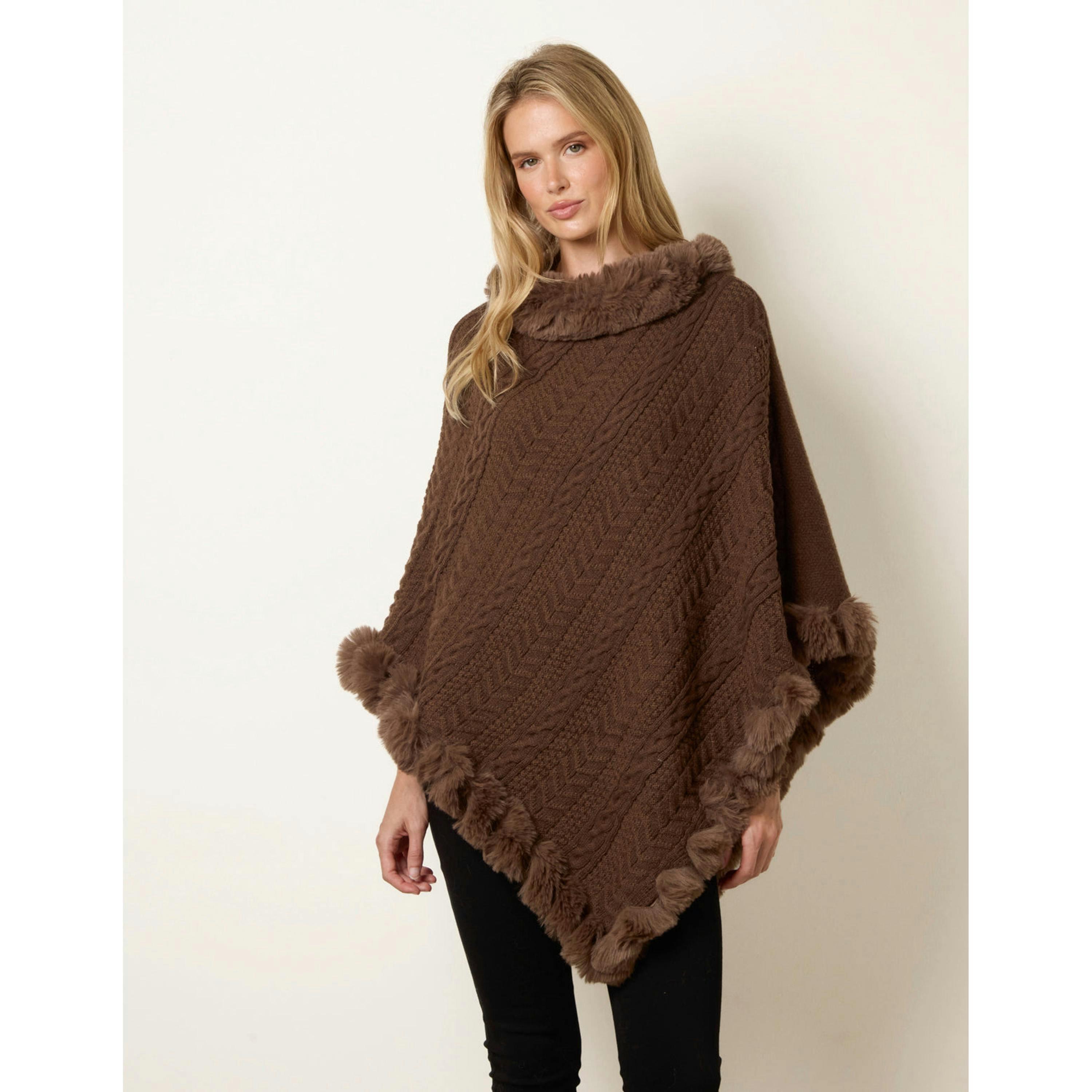 Blue Vanilla Faux Fur Trim Poncho  in Brown , view 1 of 4