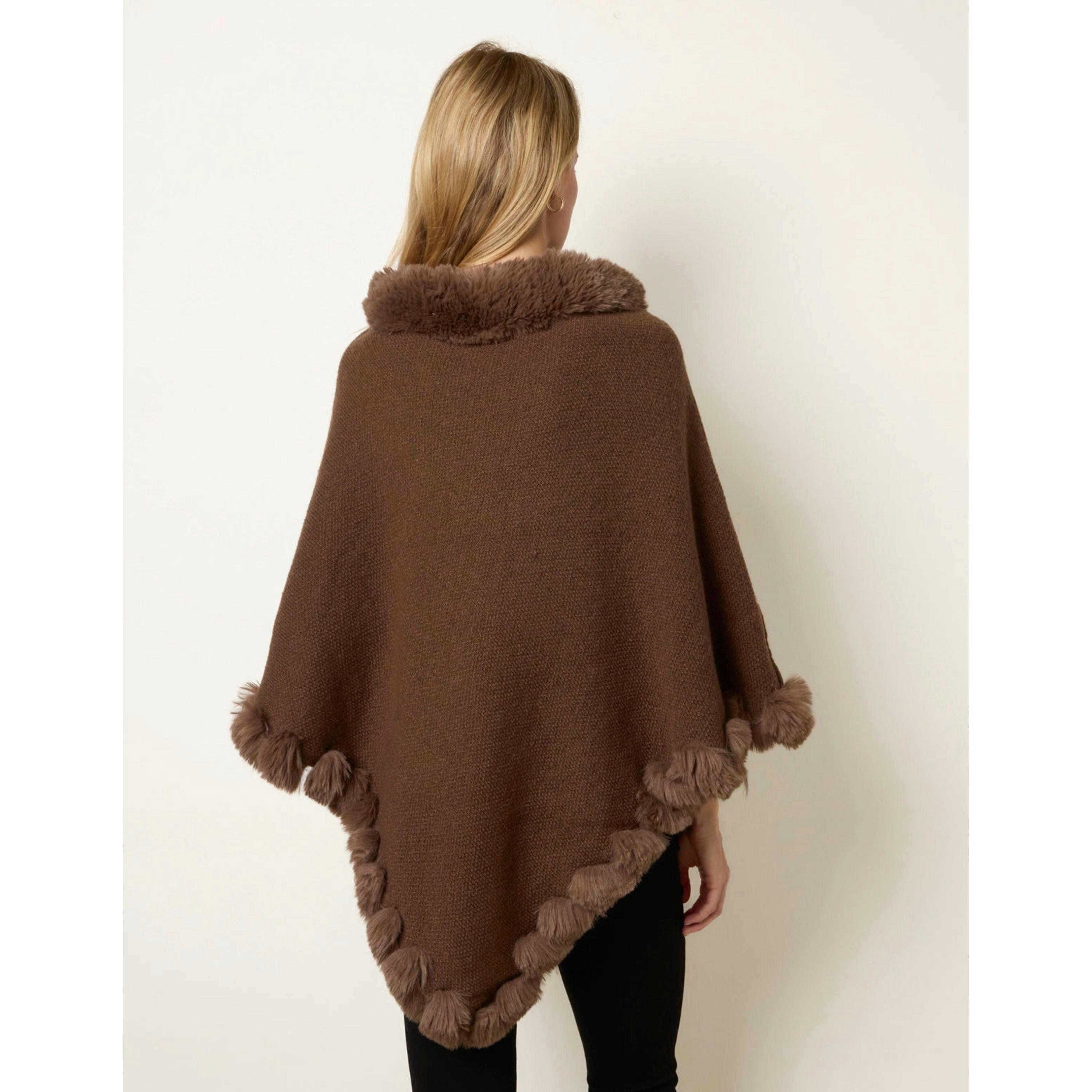 Blue Vanilla Faux Fur Trim Poncho  in Brown , view 2 of 4