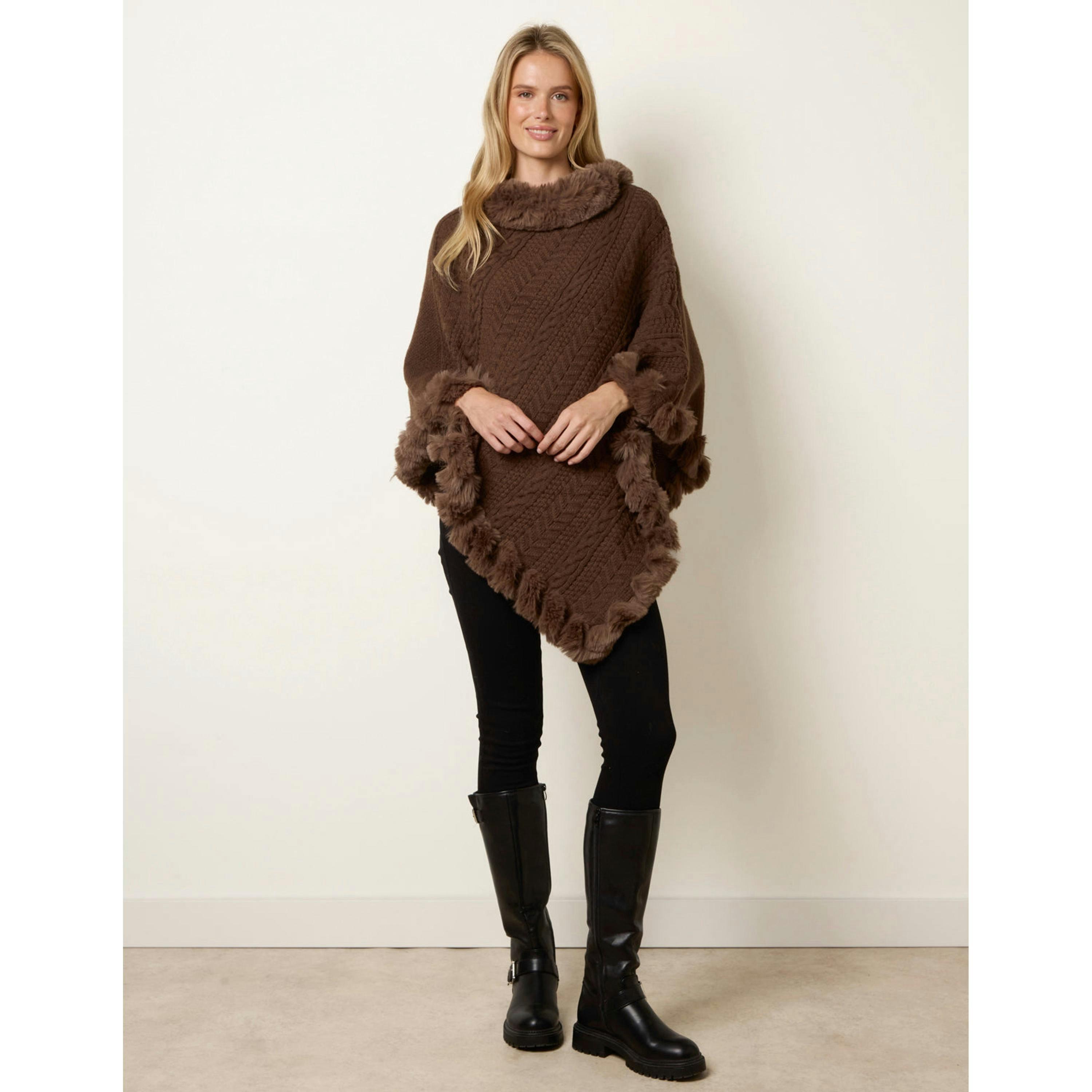 Blue Vanilla Faux Fur Trim Poncho  in Brown , view 3 of 4