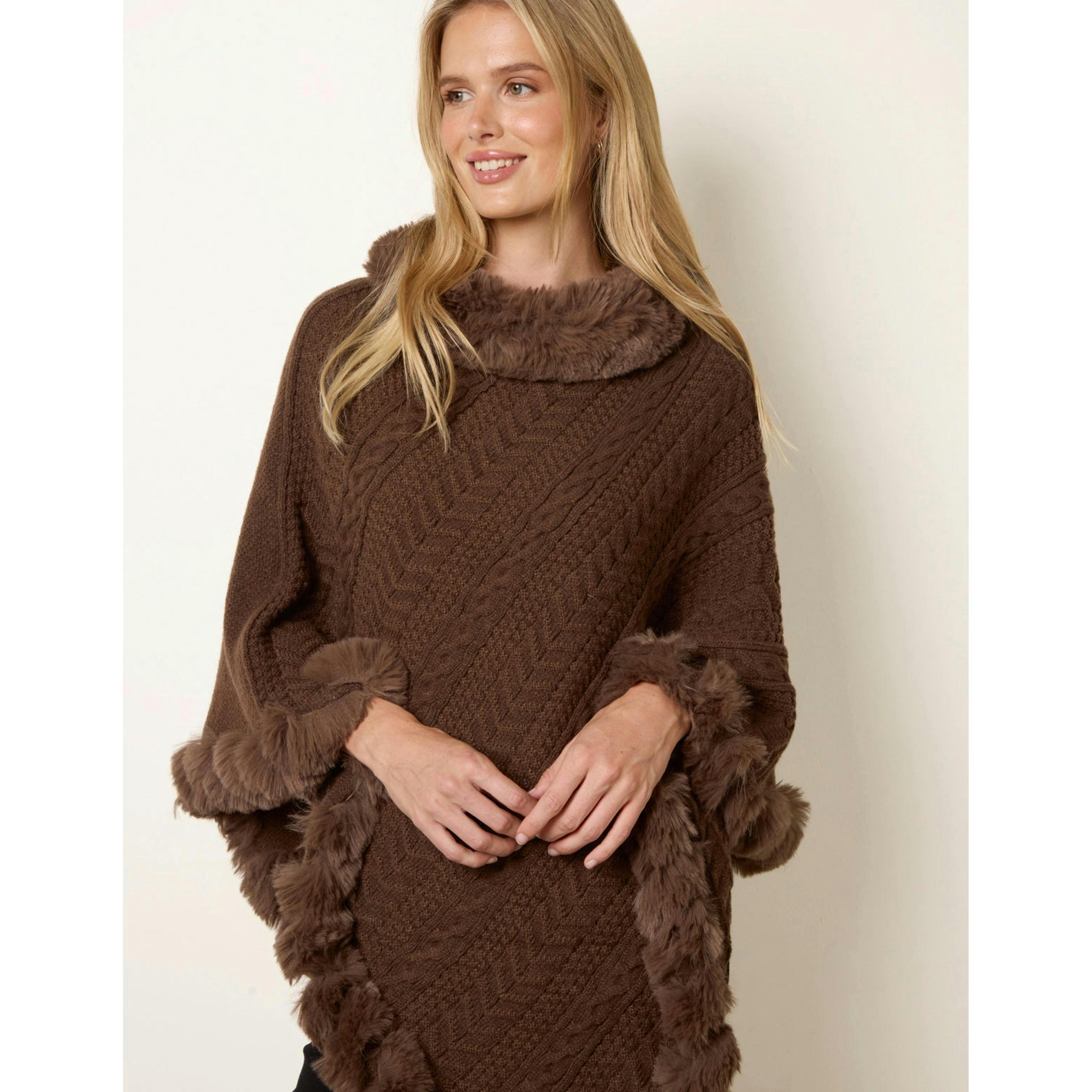 Blue Vanilla Faux Fur Trim Poncho  in Brown , view 4 of 4
