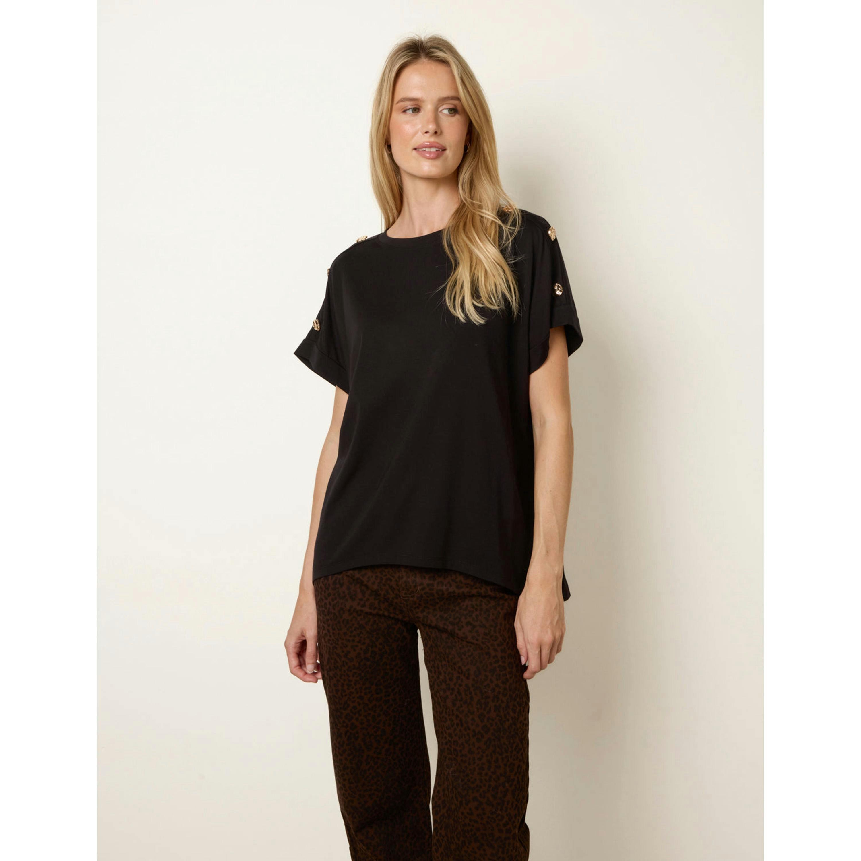 Blue Vanilla Round Neck Brochure Shoulder Detailing T-Shirt  in Black , view 1 of 4