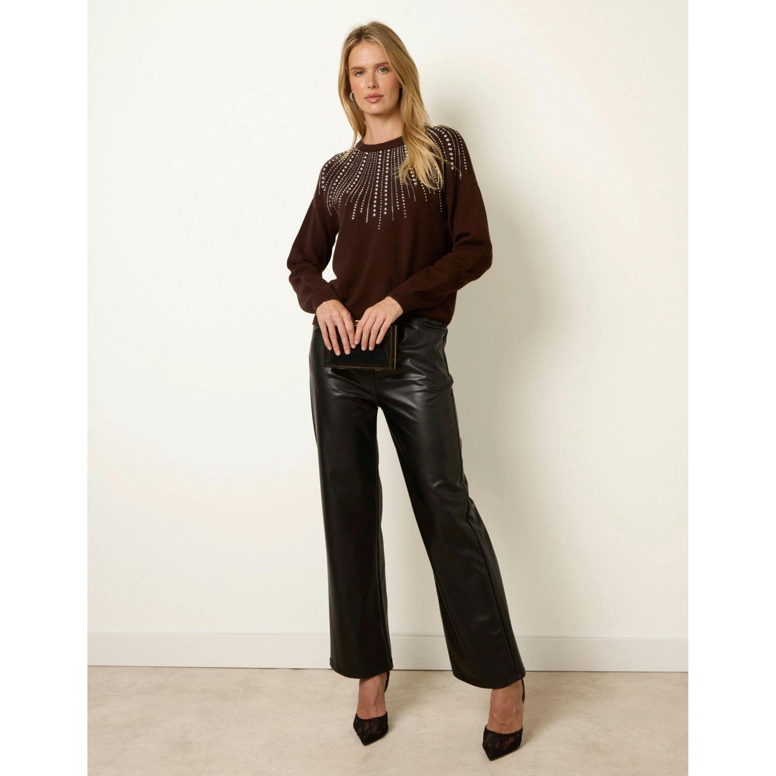 Blue Vanilla Embellished Neck Knit Jumper  in Brown , view 1 of 4
