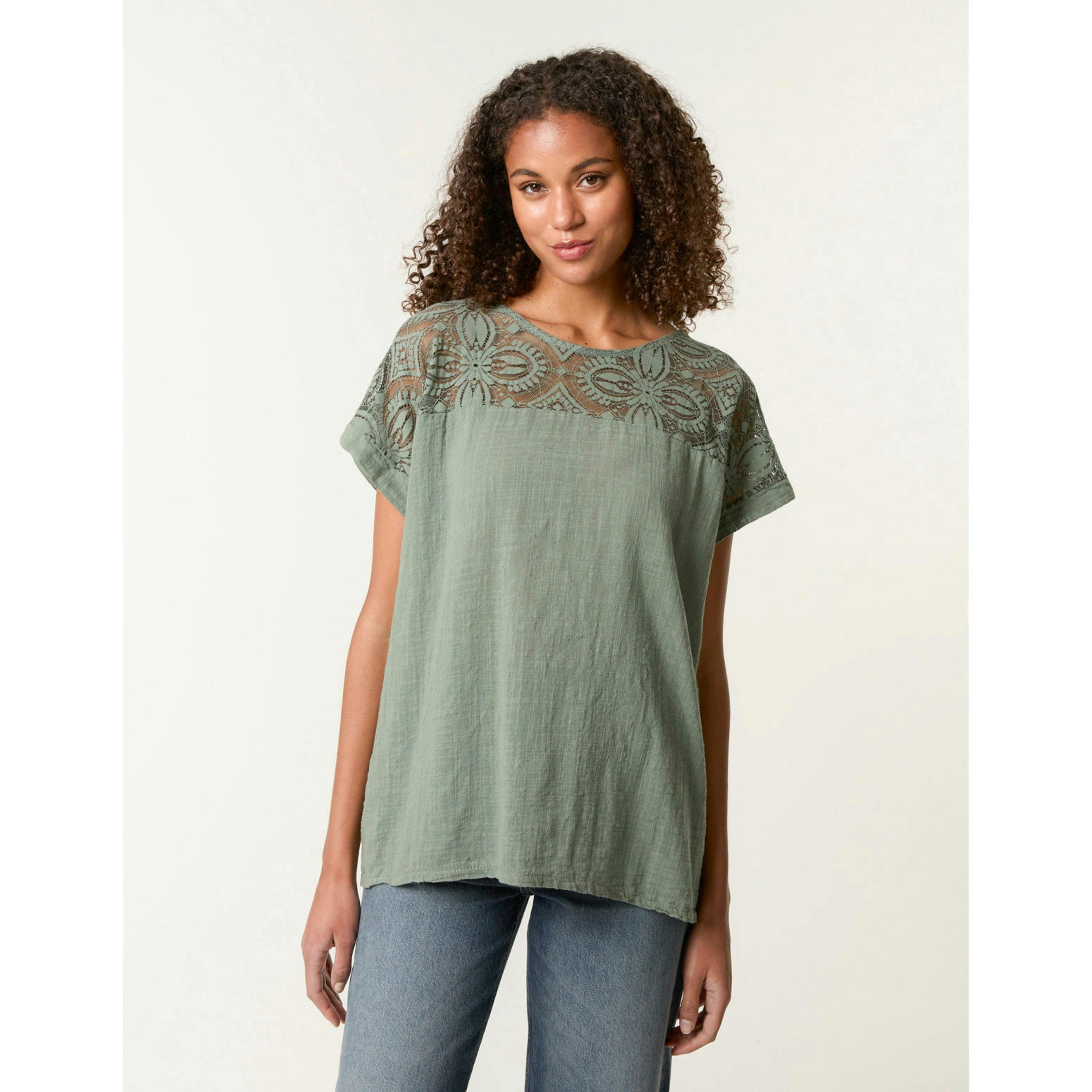 Blue Vanilla Lace Pattern Cotton Top  in Khaki , view 1 of 4