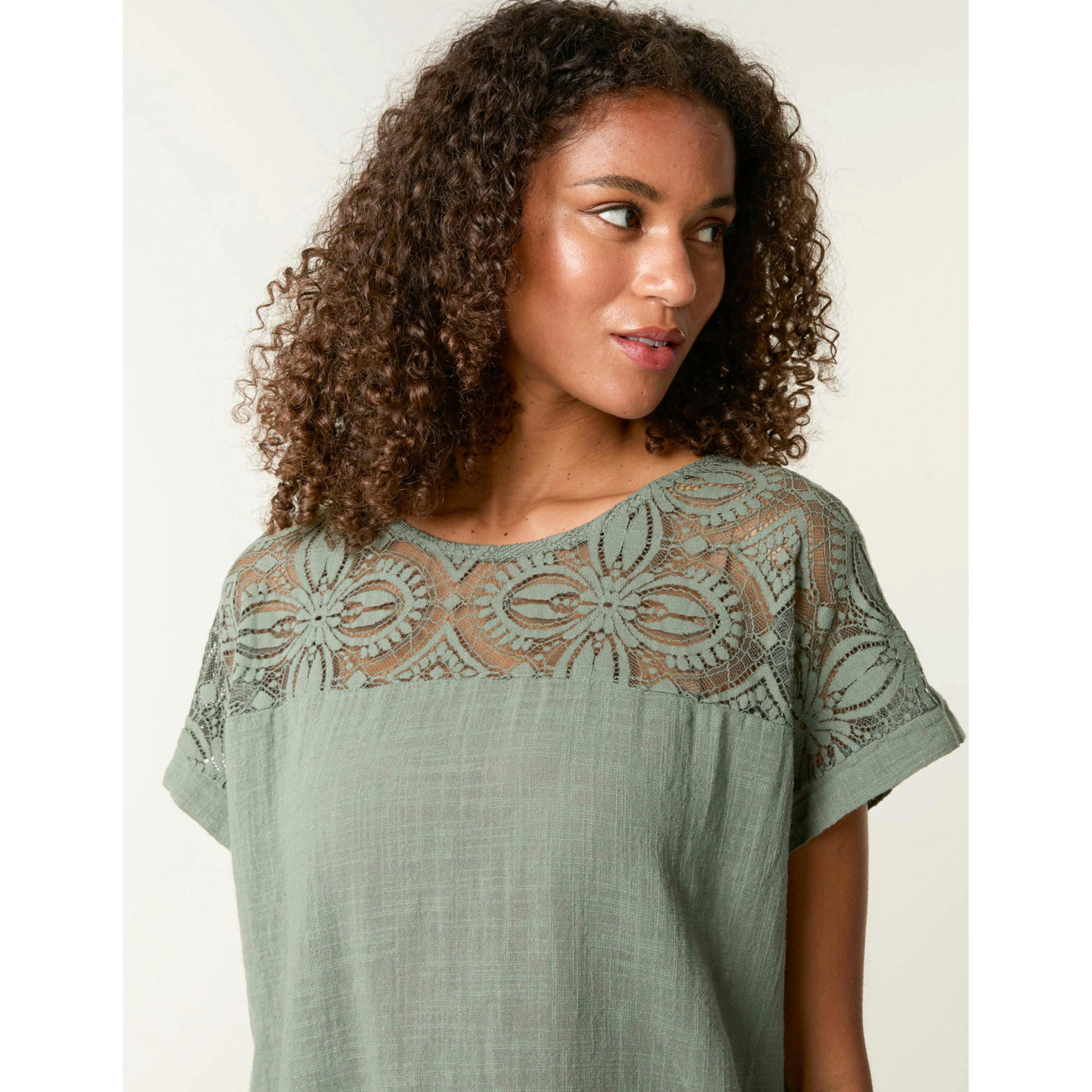Blue Vanilla Lace Pattern Cotton Top  in Khaki , view 3 of 4
