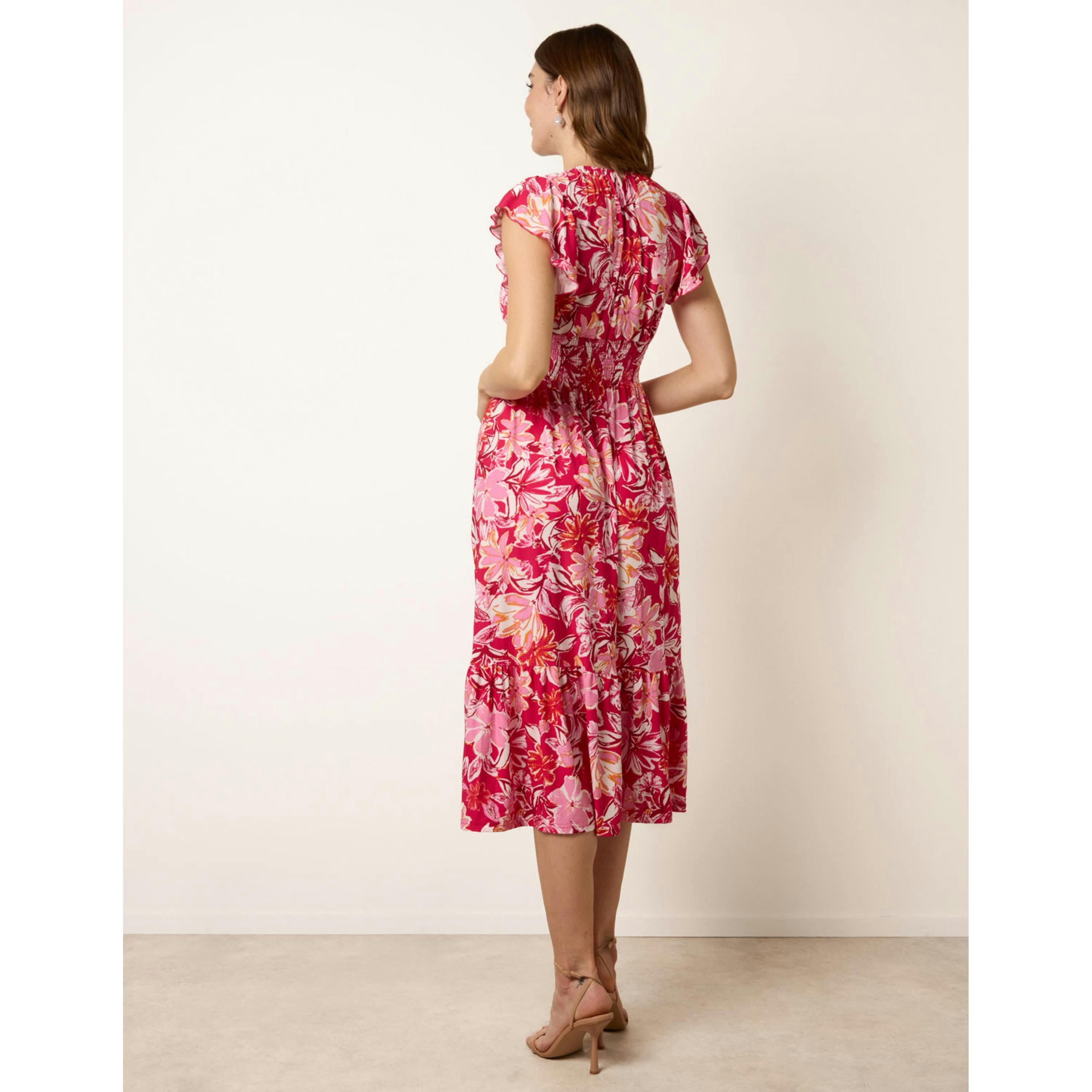 Blue Vanilla Tropical Print Flutter Sleeve Midi Dress  in Pink , view 2 of 4