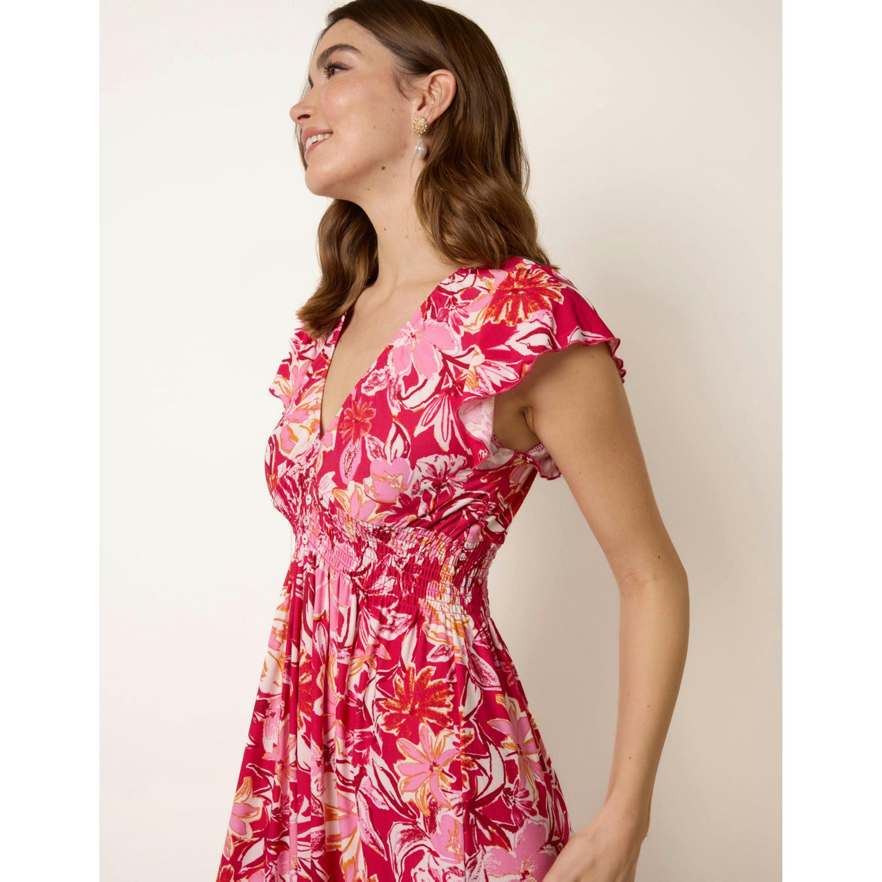 Blue Vanilla Tropical Print Flutter Sleeve Midi Dress  in Pink , view 3 of 4