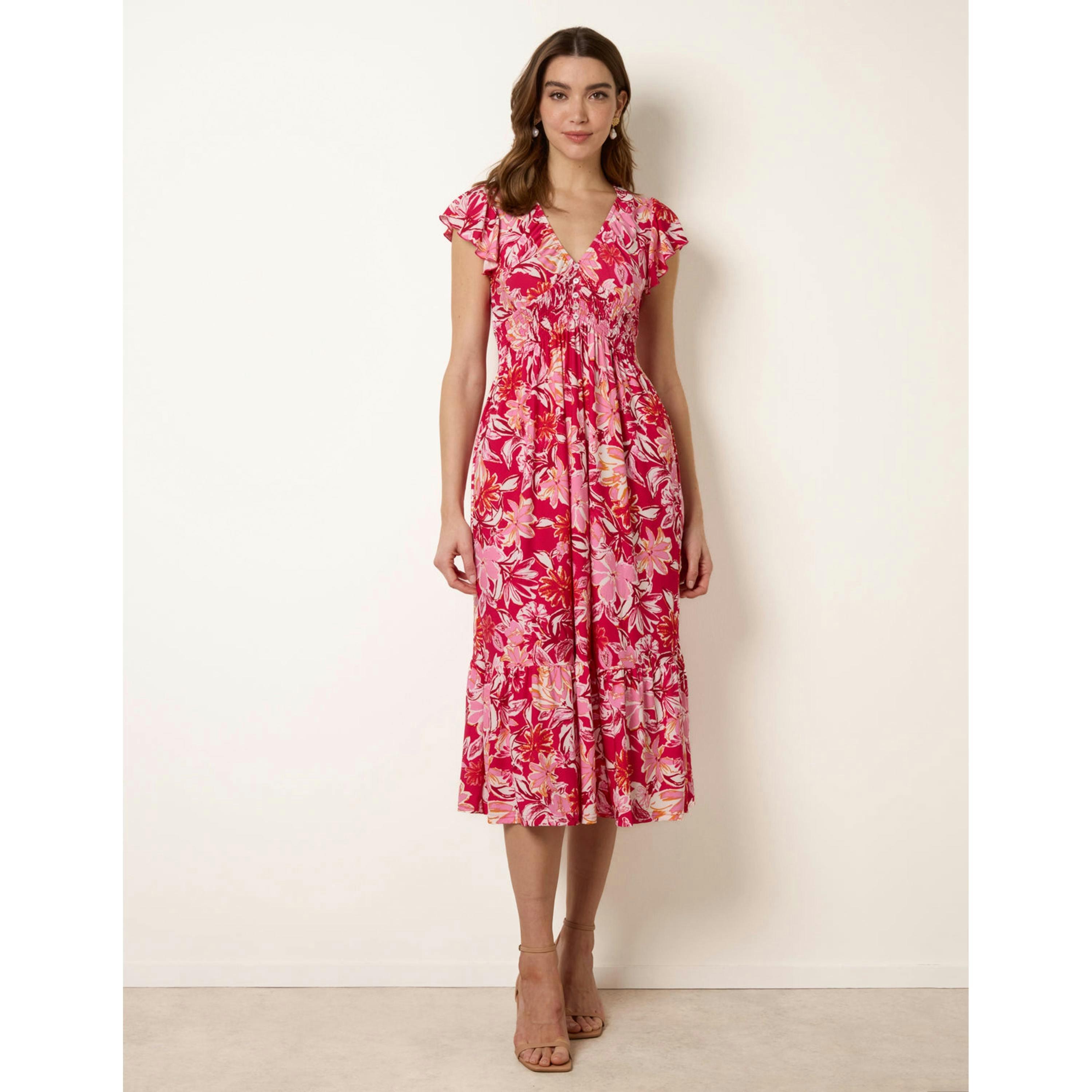 Blue Vanilla Tropical Print Flutter Sleeve Midi Dress  in Pink , view 4 of 4
