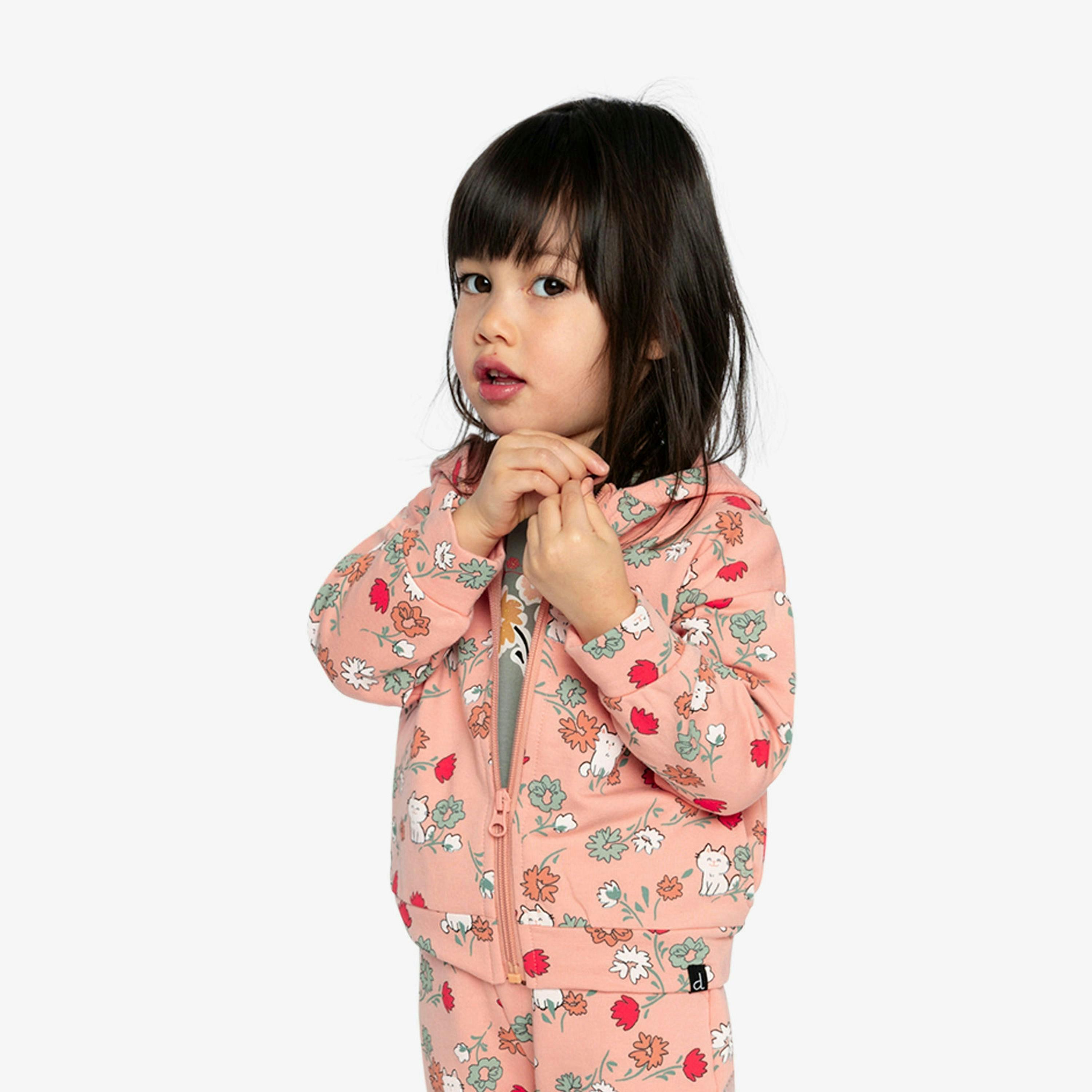 French Terry Hooded Cardigan Pink Cat Print , view 4 of 6