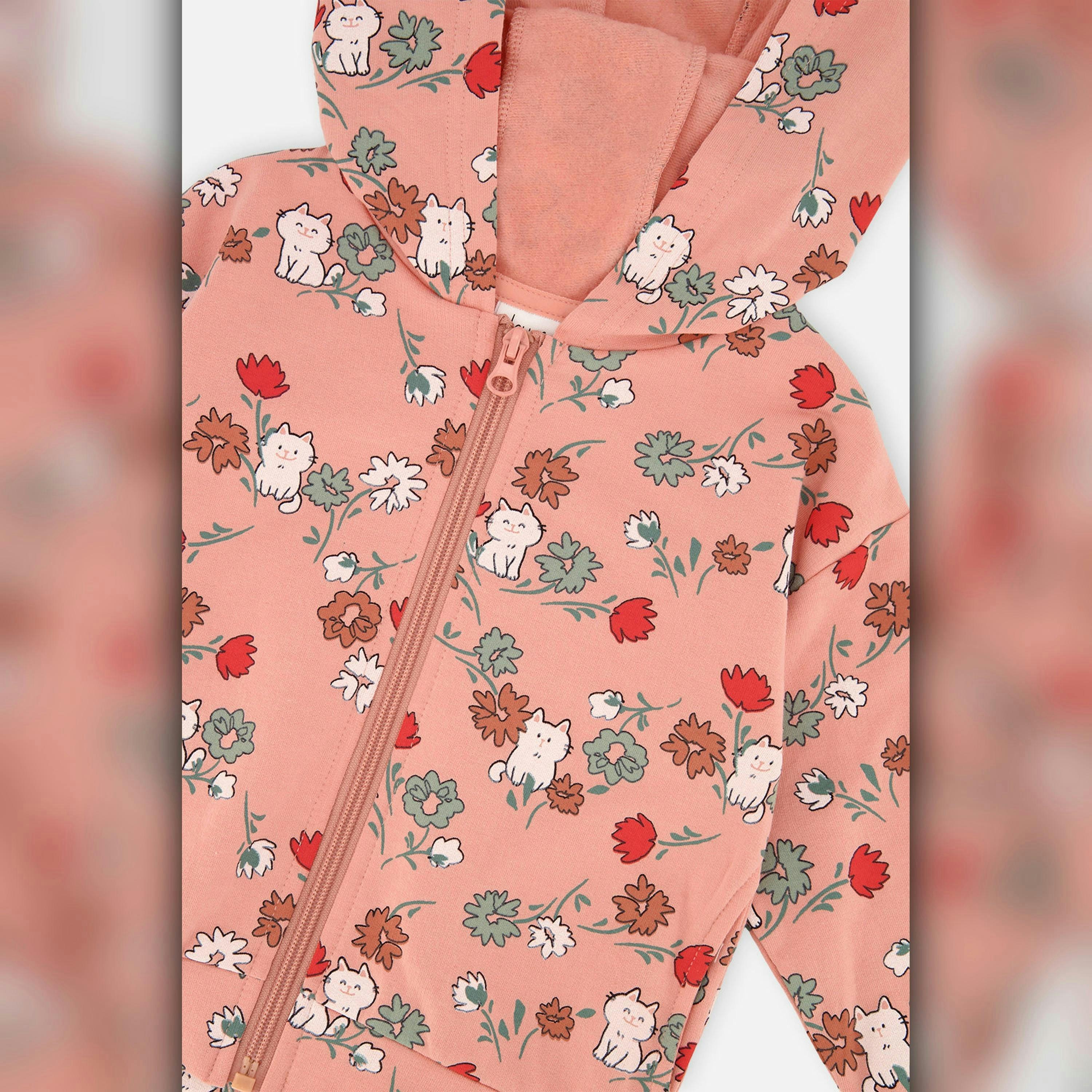 French Terry Hooded Cardigan Pink Cat Print , view 5 of 6