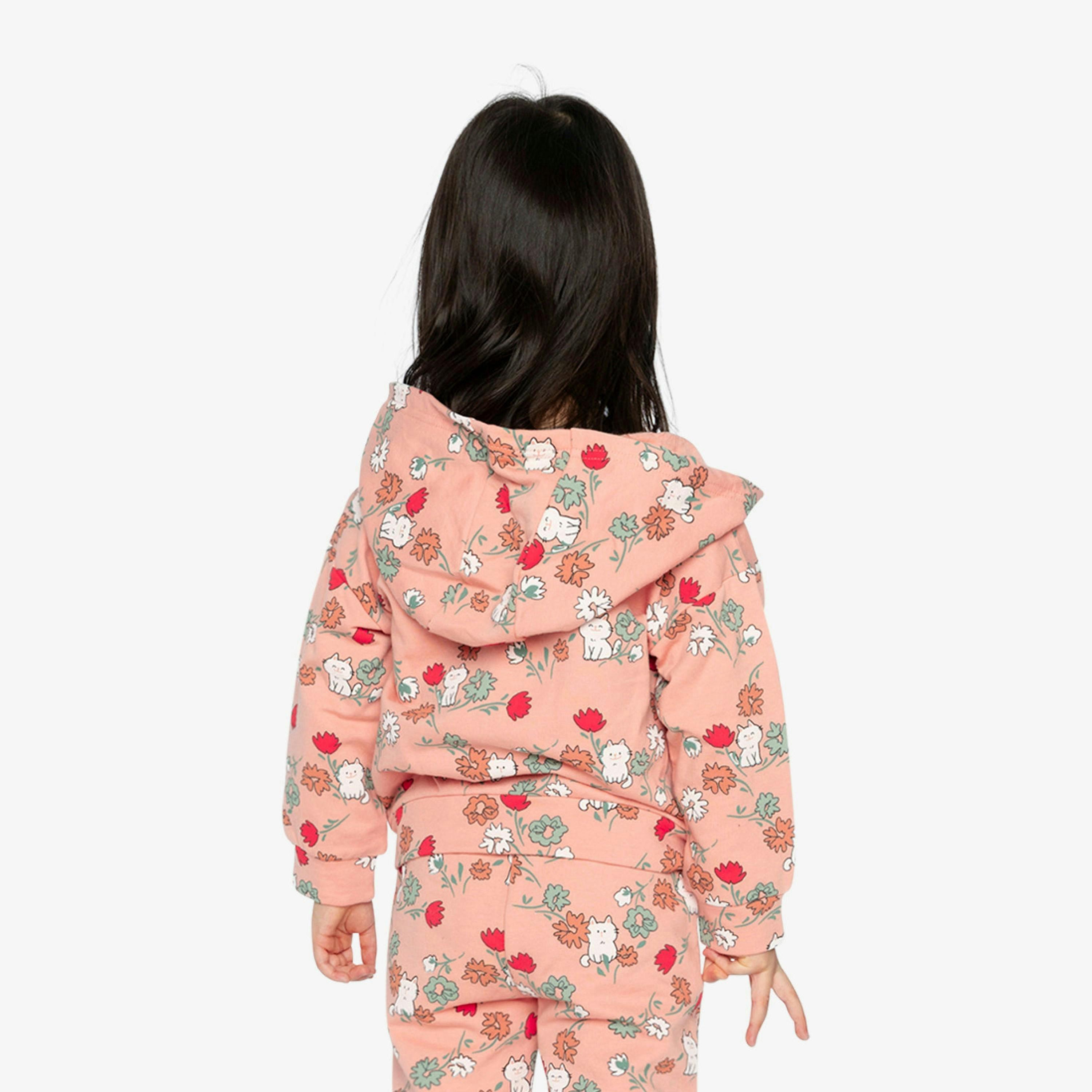 French Terry Hooded Cardigan Pink Cat Print , view 6 of 6