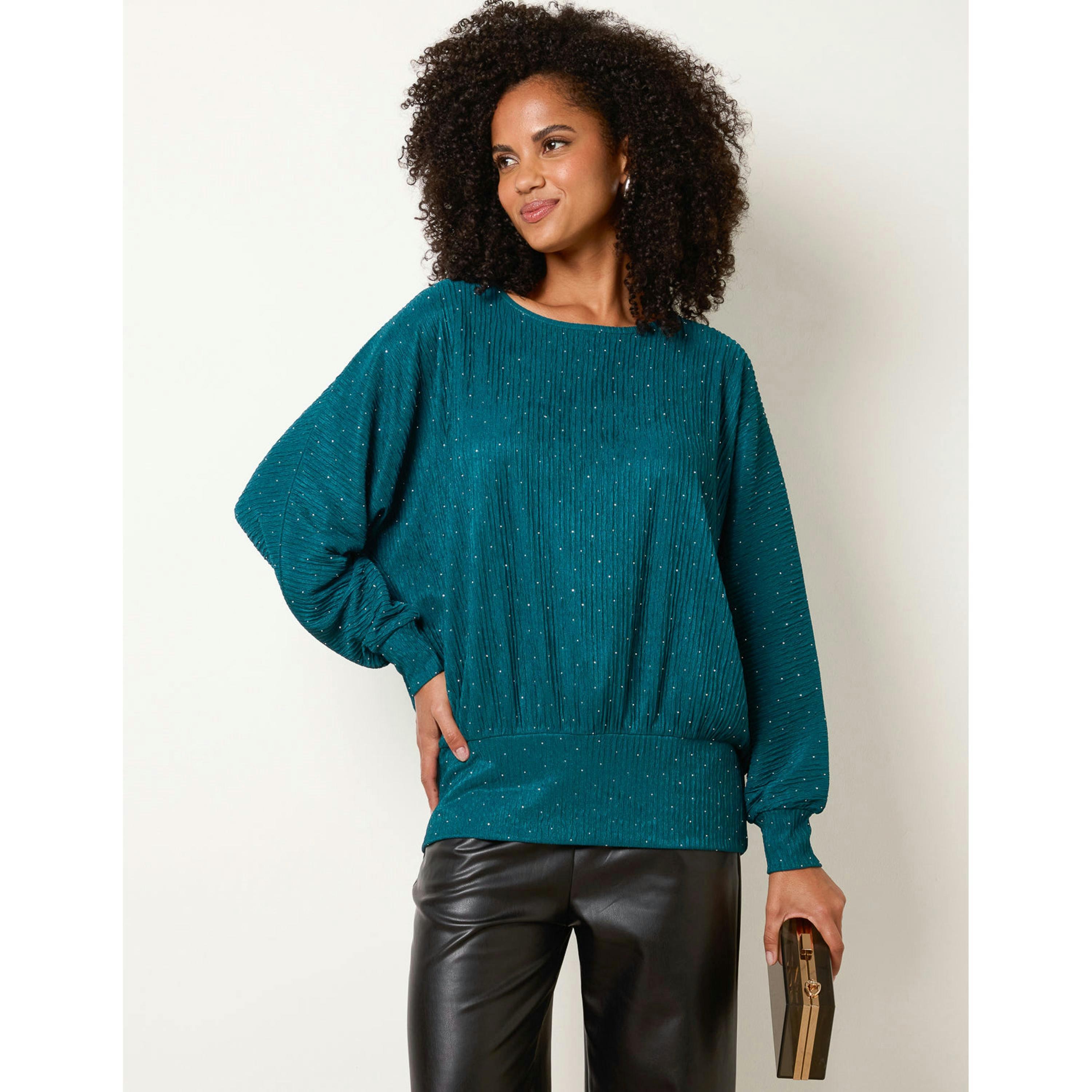 Blue Vanilla Rhinestone Batwing Top  in Green , view 1 of 4