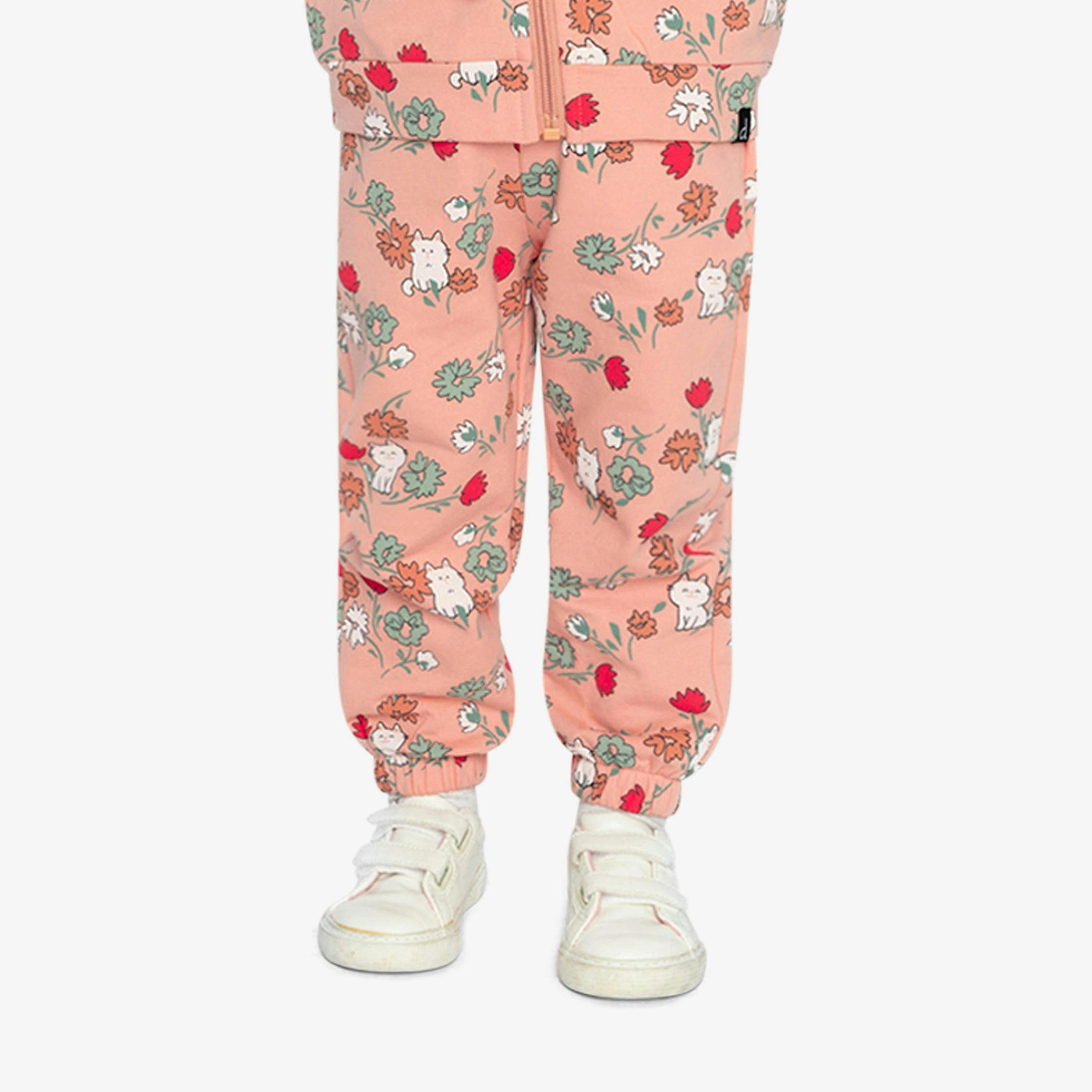 French Terry Sweatpants Pink Cat Print , view 3 of 6