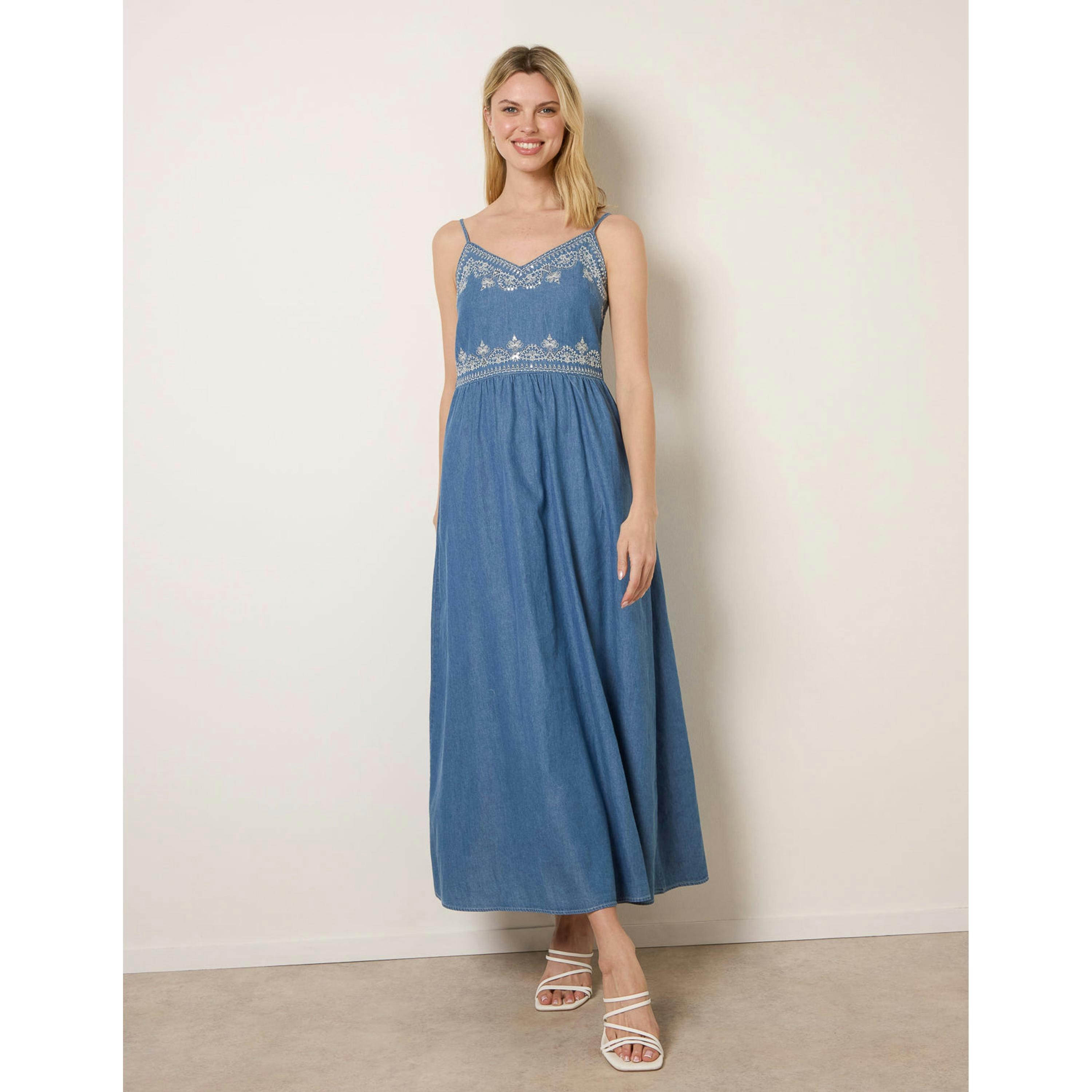 Blue Vanilla Floral Embroidery Adjustable Strap Maxi Dress  in Blue , view 1 of 4